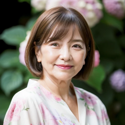 Upper Body Personal woman 50 years old Has bangs tidy bob hair Brown Hair beautiful hair shiny hair Japan rainy season short hair Water droplets on the hair Heavy Rain downpour (It rained and I got wet, Raindrops, Wet body :1.2) It's raining outside( sharpen ), (Purelos Face_v1:0.7), (8K, highest quality), Unconscious, Open Eyes, High resolution, original, (Flat Color:0.9),(masterpiece:1,2), highest quality, masterpiece, High resolution, original, Highly detailed wallpaper, Viewer Perspective, alone, Portrait, Mature Woman Body Set, A slight smile, While staring at this,Natural wrinkles, Wrinkles around the eyes, Surreal, Natural Skin, Natural Hair Color, Bright red lips, hydrangeas in bloom