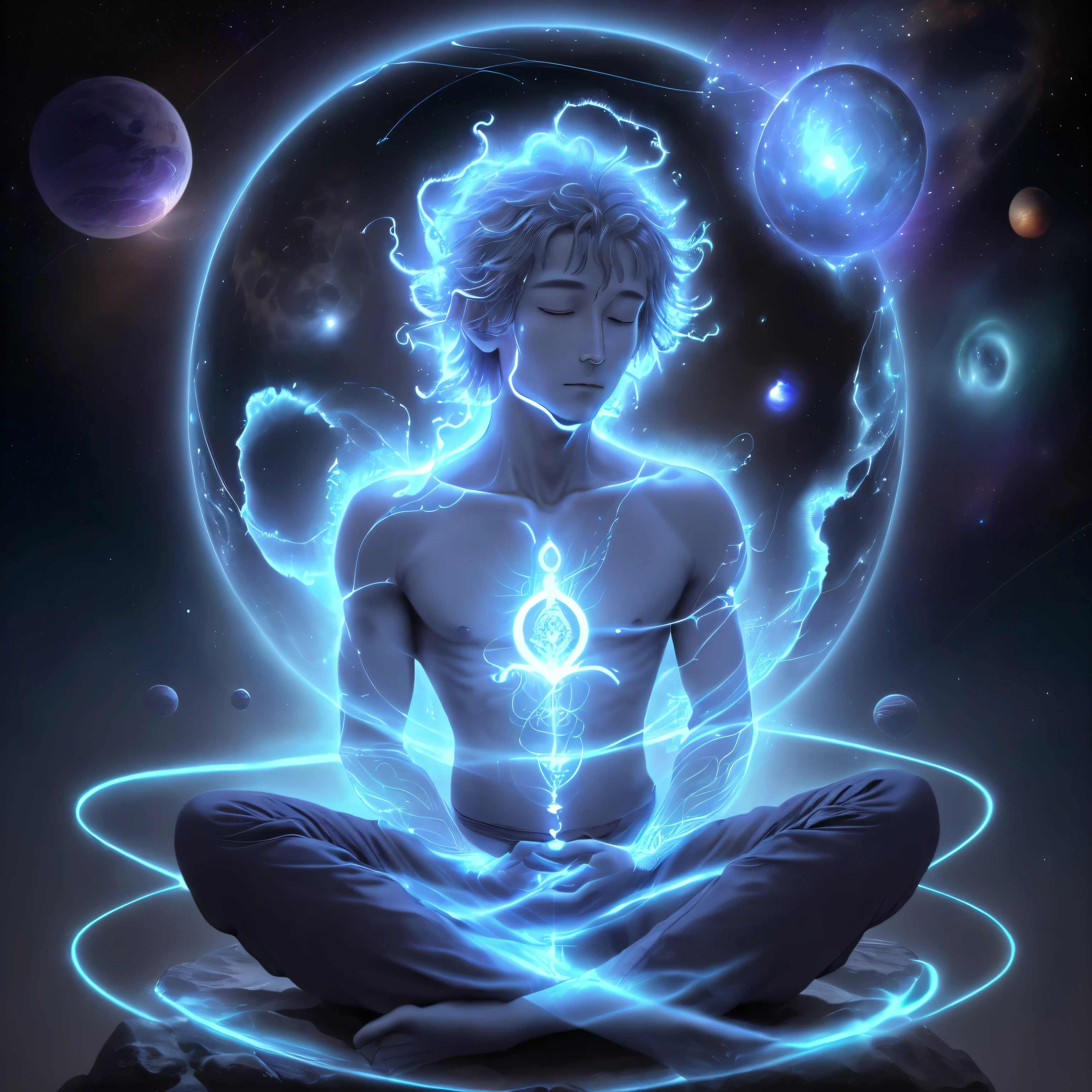 P'ke (Primordial god, radiant, planetary, elemental of light, sitting in space, only pants, meditating)(body and face of a man looking straight ahead and meditating, mystical, with a powerful aura surrounding him in the midst of an abundant field), strings running from him and connecting to the objects beside