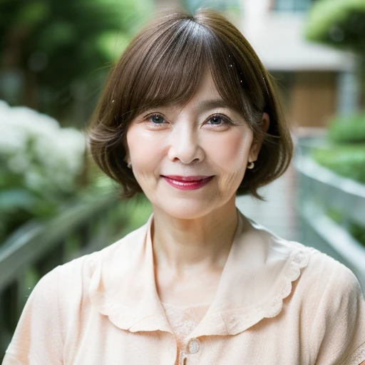 Upper Body　Personal　woman　50 years old　Has bangs　tidy bob hair　Brown Hair　beautiful hair shiny hair　Japan rainy season　short hair　Water droplets on the hair　Heavy Rain　downpour　(It rained and I got wet, Raindrops, Wet body :1.2)　It&#39;s raining outside( sharpen ), (Purelos Face_v1:0.7), (8K, highest quality), Unconscious, Open Eyes, High resolution, original, (Flat Color:0.9),(masterpiece:1,2), highest quality, masterpiece, High resolution, original, Highly detailed wallpaper, Viewer Perspective, alone, Portrait, Mature Woman Body Set, A slight smile, While staring at this,Natural wrinkles, Wrinkles around the eyes, Surreal, Natural Skin, Natural Hair Color, Bright red lips, hydrangeas in bloom