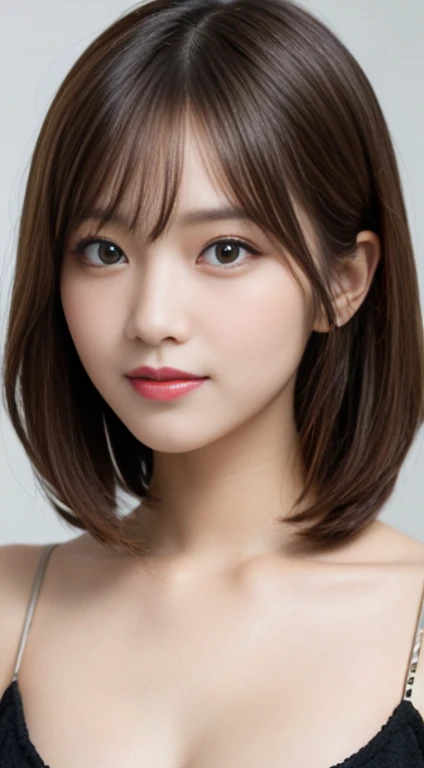 masutepiece, Best Quality, Illustration, Ultra-detailed, finely detail, hight resolution, 8K Wallpaper, Perfect dynamic composition, Beautiful detailed eyes, Women's Fashion Summer,Bob in Short, Marron Beige Hair, A little bigger, Natural Color Lip, Bold sexy poses, Smile, Harajuku, 20 years girl, Cute, Sexy shot looking at camera
