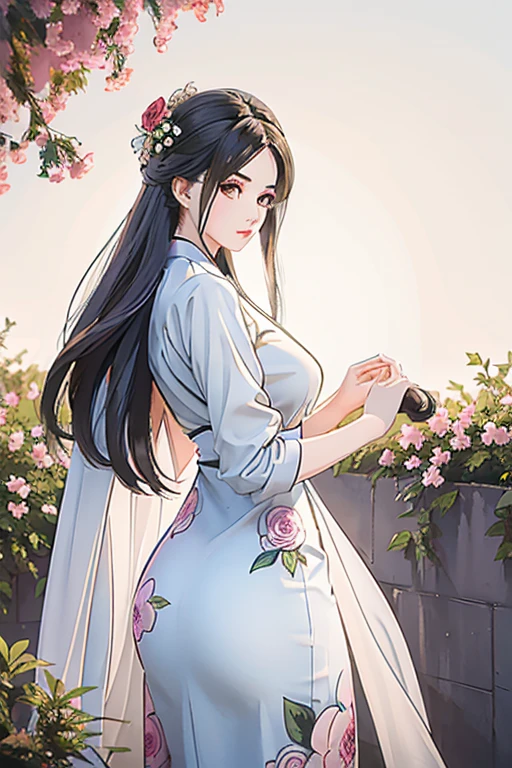 a beautiful girl in vintage colors aodai, masterpiece ,(Dye painting) ( all full color dress ) wrapped in a large flower print( flower silk ..... with ) best quality, realistic:1.3, street, cyberpunk, holding bundle of adubon sunlight, backlighting, (well pper Adhere to clear natural light hdr))full budy, big ass (Remove extra limbs, remove accurately) intricate scene, artstation, intricate details, vignettefulbudy(cartoon)