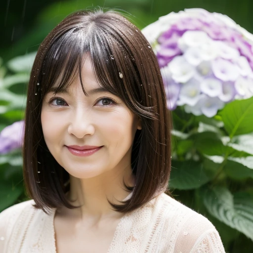 Upper Body Personal woman 50 years old Has bangs tidy bob hair Straight-haired hair Straight hair Brown Hair beautiful hair shiny hair Japan rainy season short hair Water droplets on the hair Heavy Rain downpour (It rained and I got wet, Raindrops, Wet body :1.2) It's raining outside( sharpen ), (Purelos Face_v1:0.7), (8K, highest quality), Unconscious, Open Eyes, High resolution, original, (Flat Color:0.9),(masterpiece:1,2), highest quality, masterpiece, High resolution, original, Highly detailed wallpaper, Viewer Perspective, alone, Portrait, Mature Woman Body Set, A slight smile, While staring at this,Natural wrinkles, Wrinkles around the eyes, Surreal, Natural Skin, Natural Hair Color, Bright red lips, hydrangeas in bloom, it's raining