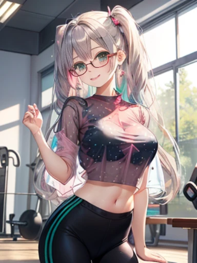 小さなgirl、The arrival of spring、Thick thighs、 (alone:1.5,)Very detailed,Bright colors, Very beautiful detailed anime faces and eyes, Look straight ahead, ;d, Shiny_skin,girl, ((Silver long hair,The inner color is red 、Forehead is exposed.、Green Eyes、Glasses、Shiny hair, Delicate beautiful face, blush、(Turquoise Eyes), White skin, Valletta, Earrings,、blue flower field、(((Star pattern pink、Under her blouse she is wearing black gym clothes.)))、Twin tails、smile、smile、Face dyed red