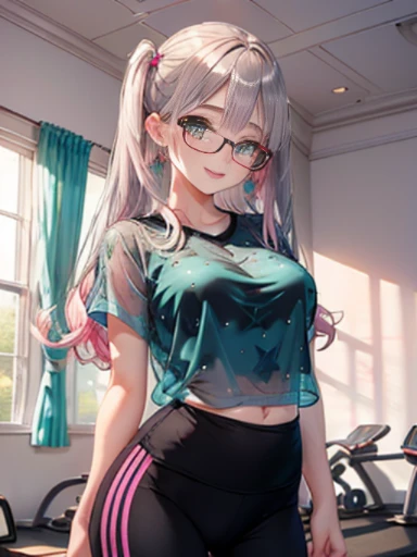 小さなgirl、The arrival of spring、Thick thighs、 (alone:1.5,)Very detailed,Bright colors, Very beautiful detailed anime faces and eyes, Look straight ahead, ;d, Shiny_skin,girl, ((Silver long hair,The inner color is red 、Study Room、Forehead is exposed.、Green Eyes、Glasses、Shiny hair, Delicate beautiful face, blush、(Turquoise Eyes), White skin, Valletta, Earrings,、blue flower field、(((Star pattern pink、See-through、Under her pink blouse she is wearing black gym clothes)))、Twin tails、smile、smile、Face dyed red