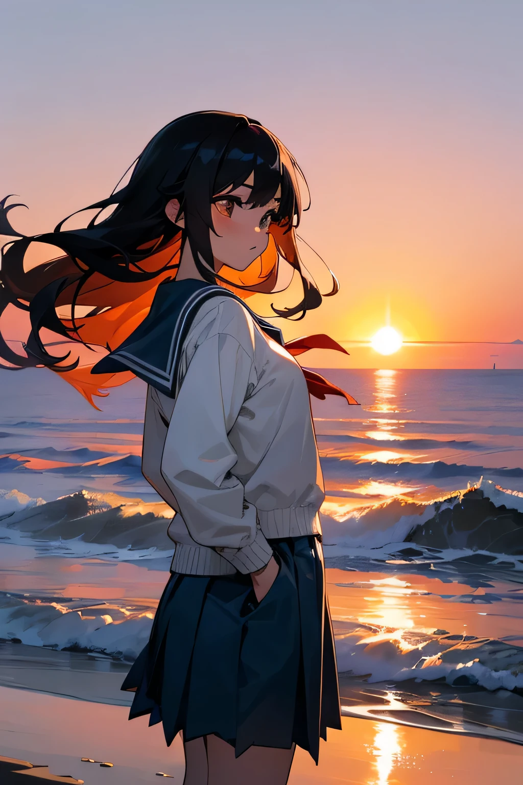 highest quality、High resolution、Detailed Background、Beautiful face in every detail、Anatomically correct、(Detailed facial expressions:1.2)、Teenage Girl、Huge breasts、Black Hair、Braided long hair、Wavy Hairstyle、well-groomed eyebrows、Perfect body line、cute gesture、
Sailor suit、light blue sailor color、Pleated long skirt、school cardigan、White knee-high socks、Cowboy Shot、
Spend some time at the beach watching the sunset、Feel the end of summer as you feel the sea breeze and the sound of the waves.、
Before the sun sets, the sky takes on a sunset-like appearance.、
At first, bright orange and pink gradually painted the sky.々It will turn reddish.、
As the sun sets, the colors become more vibrant and the surrounding scenery is beautifully colored.、
The sun sinks slowly into the horizon.、
The setting sun slowly gets lower and closer to the horizon.、
Sometimes they disappear and reappear behind the clouds.、
These changes make the sunset look even more dramatic.、
As the sun approaches the horizon, its color changes.、
The reds and oranges become deeper, giving the surrounding scenery a fantastic glow.、
Sometimes the sun takes on a purple or bluish hue, allowing you to enjoy the various changes in color as the sun sets.、
When the sun sinks below the horizon, its light reflects off the surface of the sea or lake, creating a fantastic sight.、
The way the water sways and the glow of the setting sun spreads is very beautiful.、
Buildings and trees々You can also see the light of the setting sun reflected off the surrounding scenery, enveloping it in a soft glow.、
The moment the sun sinks below the horizon, its last rays shine brighter and light up the sky for just a moment.、
This moment"The final light of the setting sun"Also called、
The last light is particularly beautiful and creates an ennui-like atmosphere.、
Gazing at that moment, you will be able to feel the end of summer.、
The combination of these elements, such as the color of the sunset, the reflection of light, and the way it sinks below the horizon, creates an ennui-like scene that signals the end of summer.