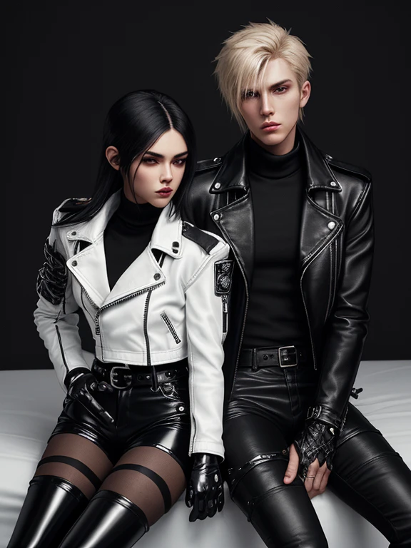 Final Fantasy-style graphics, young, Cute and cool Japanese boys and girls, Both have thin eyebrows and large eyes., Both are wearing shiny white single-breasted leather jackets.。.。..。Biker style leather jacket、 with epaulettes, The jacket is zipped up, The jacket pockets are black., The jacket has a high stand-up collar with a belt,They are both wearing black turtlenecks..., The man is wearing black leather pants、The girl is wearing black leather shorts and black pantyhose., Both of them are wearing thin black leather gloves..., The man was wearing long black leather lace-up boots.。.,、The girl is wearing black leather knee-high boots.、 Please show me your whole body, From head to toe., Final Fantasy Style、((good looking))、((beauty))、((Male and female couple))、((Clear eyes and nose))、((Shiny white single leather jacket))、((Both jackets must be white.))、((The jacket has epaulettes))、((Jacket has a high stand-up collar and belt.))、((The jacket has a black pocket))、((Black turtleneck shirt))、((A man wearing shiny black leather pants))、((She's wearing shiny black leather shorts.))、((Both of them must wear shiny black leather gloves on both hands.))、((Black lace-up leather long boots))、((The woman is wearing knee-high leather boots))、((A woman wearing black pantyhose))、((View full-body images from a distance))、Realistic image quality and texture、In a small cell、close your eyes、Has a gentle smile、((The jacket is closed with a zipper))、((Neither of them has any exposed skin below the neck..))、((The two of them are sitting close together on the bed))、((二人はclose your eyes穏やかな表情))