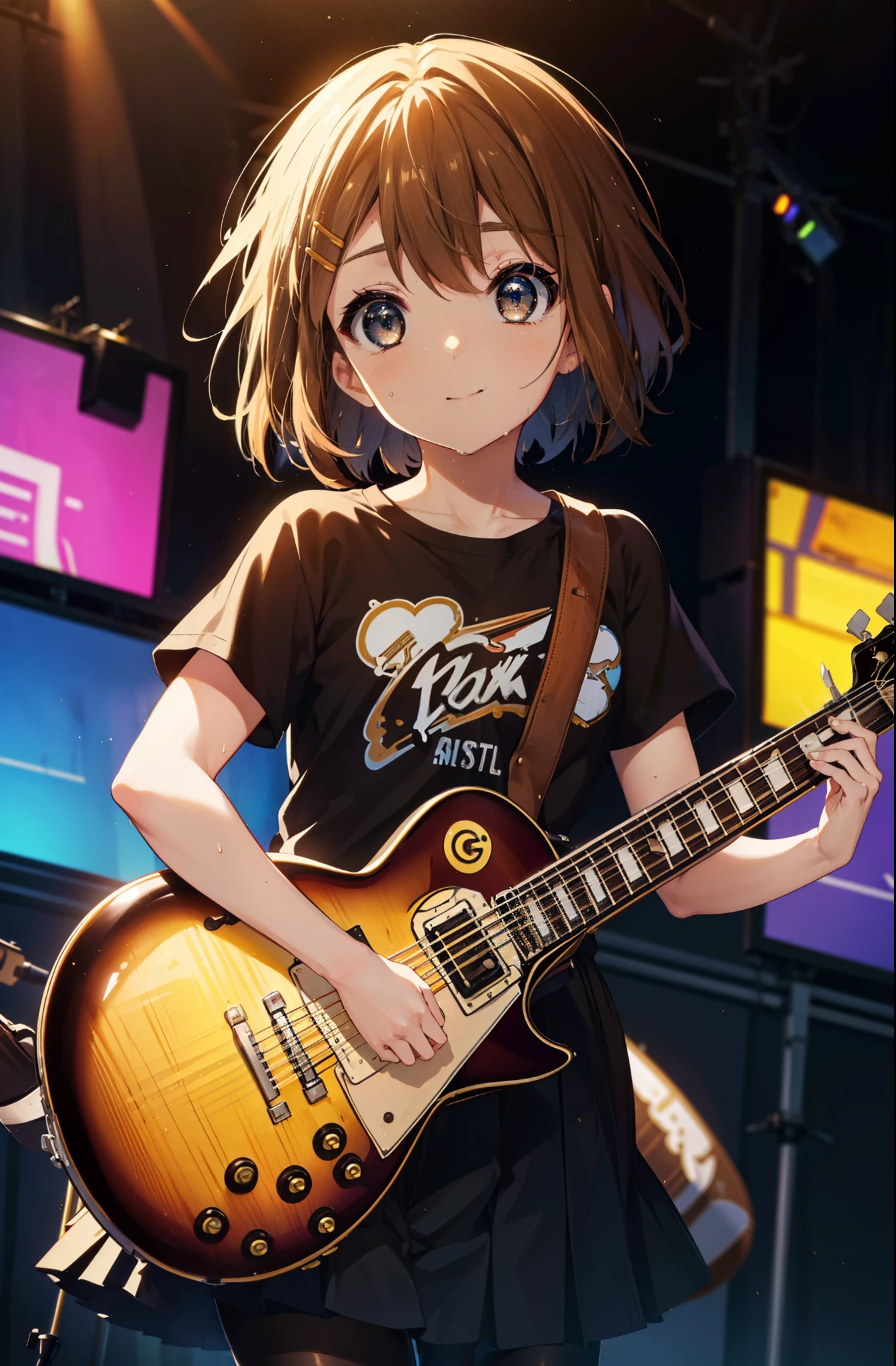 yuihirasawa, Yui Hirasawa, short hair, Brown Hair, hair ornaments, (Brown eyes:1.5),smile,Mouth wide open,Sweat,Wet clothes,Wet Skin,black print t shirt, Black pleated skirt,Black pantyhose,Brown loafers,Hair Clip,guitar(Gibson Les Paul)flip,stage,Singing with your mouth open,So that the whole body goes into the illustration,
break indoors, live house、
break looking at viewer, (Cowboy Shot:1.5),
break (masterpiece:1.2), highest quality, High resolution, unity 8k wallpaper, (shape:0.8), (Fine and beautiful eyes:1.6), Highly detailed face, Perfect lighting, Highly detailed CG, (Perfect hands, Perfect Anatomy),