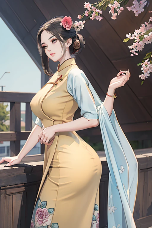 a beautiful girl in vintage colors aodai, masterpiece ,(Dye painting) ( all full color dress ) wrapped in a large flower print( flower silk ..... with ) best quality, realistic:1.3, street, cyberpunk, holding bundle of adubon sunlight, backlighting, (well pper Adhere to clear natural light hdr))full budy, big ass (Remove extra limbs, remove accurately) intricate scene, artstation, intricate details, vignettefulbudy(cartoon)