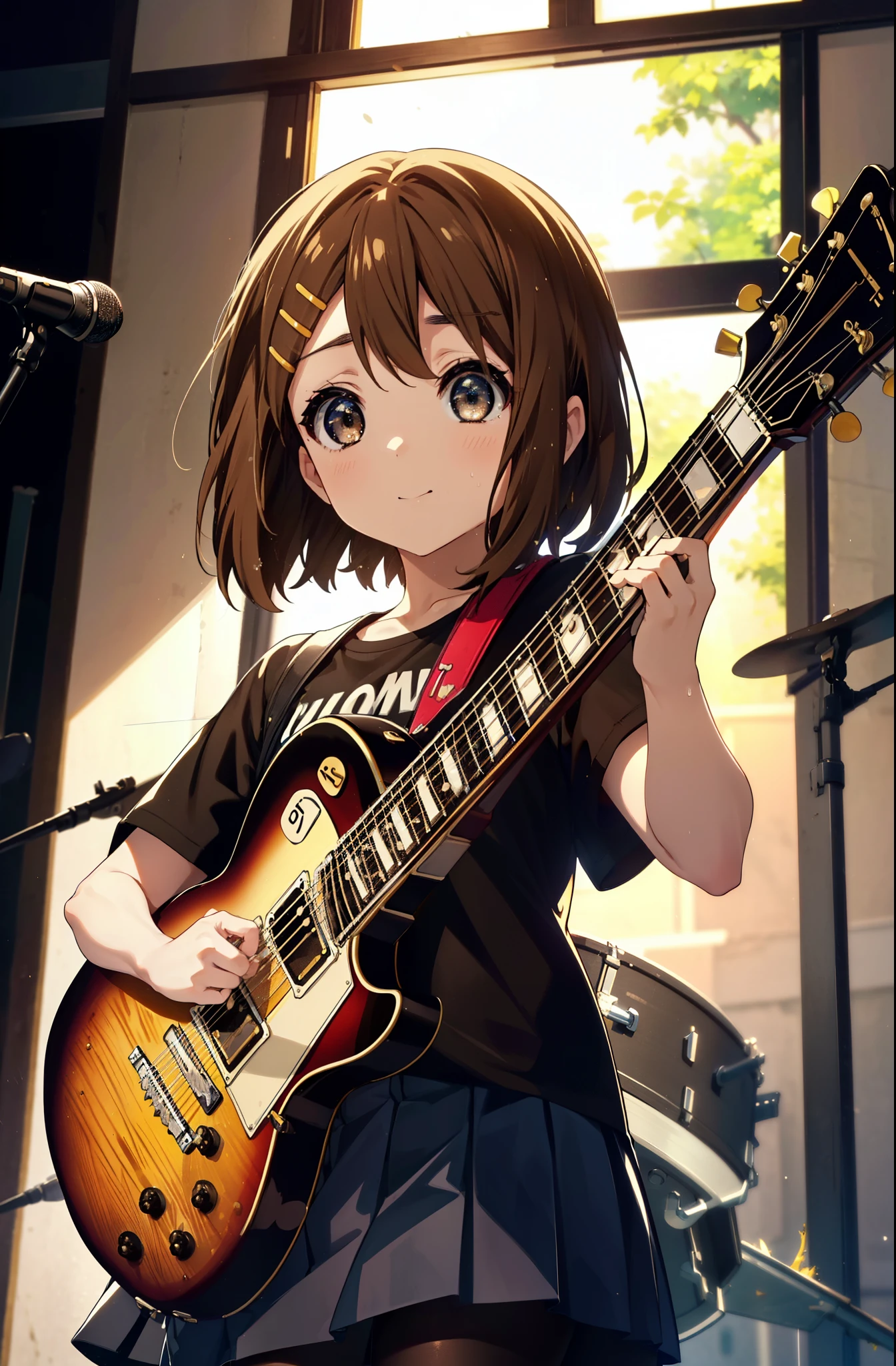 yuihirasawa, Yui Hirasawa, short hair, Brown Hair, hair ornaments, (Brown eyes:1.5),smile,Mouth wide open,Sweat,Wet clothes,Wet Skin,black print t shirt, Black pleated skirt,Black pantyhose,Brown loafers,Hair Clip,guitar(Gibson Les Paul)flip,stage,Singing with your mouth open,So that the whole body goes into the illustration,
break indoors, live house、
break looking at viewer, (Cowboy Shot:1.5),
break (masterpiece:1.2), highest quality, High resolution, unity 8k wallpaper, (shape:0.8), (Fine and beautiful eyes:1.6), Highly detailed face, Perfect lighting, Highly detailed CG, (Perfect hands, Perfect Anatomy),