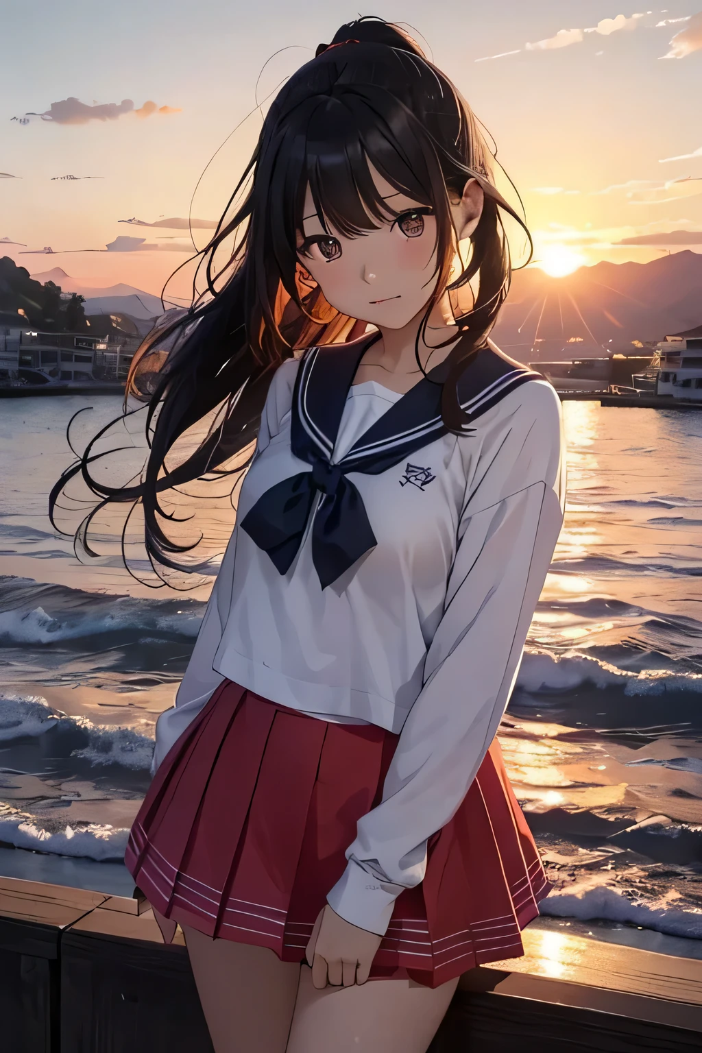 highest quality、High resolution、Detailed Background、Beautiful face in every detail、Anatomically correct、(Detailed facial expressions:1.2)、Teenage Girl、Huge breasts、Black Hair、Bob Hair、ponytail、Braided long hair、Wavy Hairstyle、well-groomed eyebrows、Perfect body line、cute gesture、
Sailor suit、light blue sailor color、Pleated long skirt、school cardigan、White knee-high socks、Cowboy Shot、
Spend some time at the beach watching the sunset、Feel the end of summer as you feel the sea breeze and the sound of the waves.、
Before the sun sets, the sky takes on a sunset-like appearance.、
At first, bright orange and pink gradually painted the sky.々It will turn reddish.、
As the sun sets, the colors become more vibrant and the surrounding scenery is beautifully colored.、
The sun sinks slowly into the horizon.、
The setting sun slowly gets lower and closer to the horizon.、
Sometimes they disappear and reappear behind the clouds.、
These changes make the sunset look even more dramatic.、
As the sun approaches the horizon, its color changes.、
The reds and oranges become deeper, giving the surrounding scenery a fantastic glow.、
Sometimes the sun takes on a purple or bluish hue, allowing you to enjoy the various changes in color as the sun sets.、
When the sun sinks below the horizon, its light reflects off the surface of the sea or lake, creating a fantastic sight.、
The way the water sways and the glow of the setting sun spreads is very beautiful.、
Buildings and trees々You can also see the light of the setting sun reflected off the surrounding scenery, enveloping it in a soft glow.、
The moment the sun sinks below the horizon, its last rays shine brighter and light up the sky for just a moment.、
This moment"The final light of the setting sun"Also called、
The last light is particularly beautiful and creates an ennui-like atmosphere.、
Gazing at that moment, you will be able to feel the end of summer.、
The combination of these elements, such as the color of the sunset, the reflection of light, and the way it sinks below the horizon, creates an ennui-like scene that signals the end of summer.