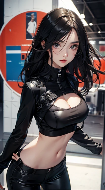 (Very beautiful woman, Street Fashion, Wearing hoodies, Wear hot pants), (Highly detailed face, Highly detailed black eyes, Contrasting eyes, Additional joint body), (Dark-haired, Hair length, White-skinned people, Eye reflections, Exposed abdomen), (Colorful wall:1.2), (high angle:1.2), Excessive realism, Digital panel, ((8K background of the highly detailed CG module, NFSW, Masterpiece, High accuracy, Top quality, Anatomically accurate, High detail, High quality real touch leather)),