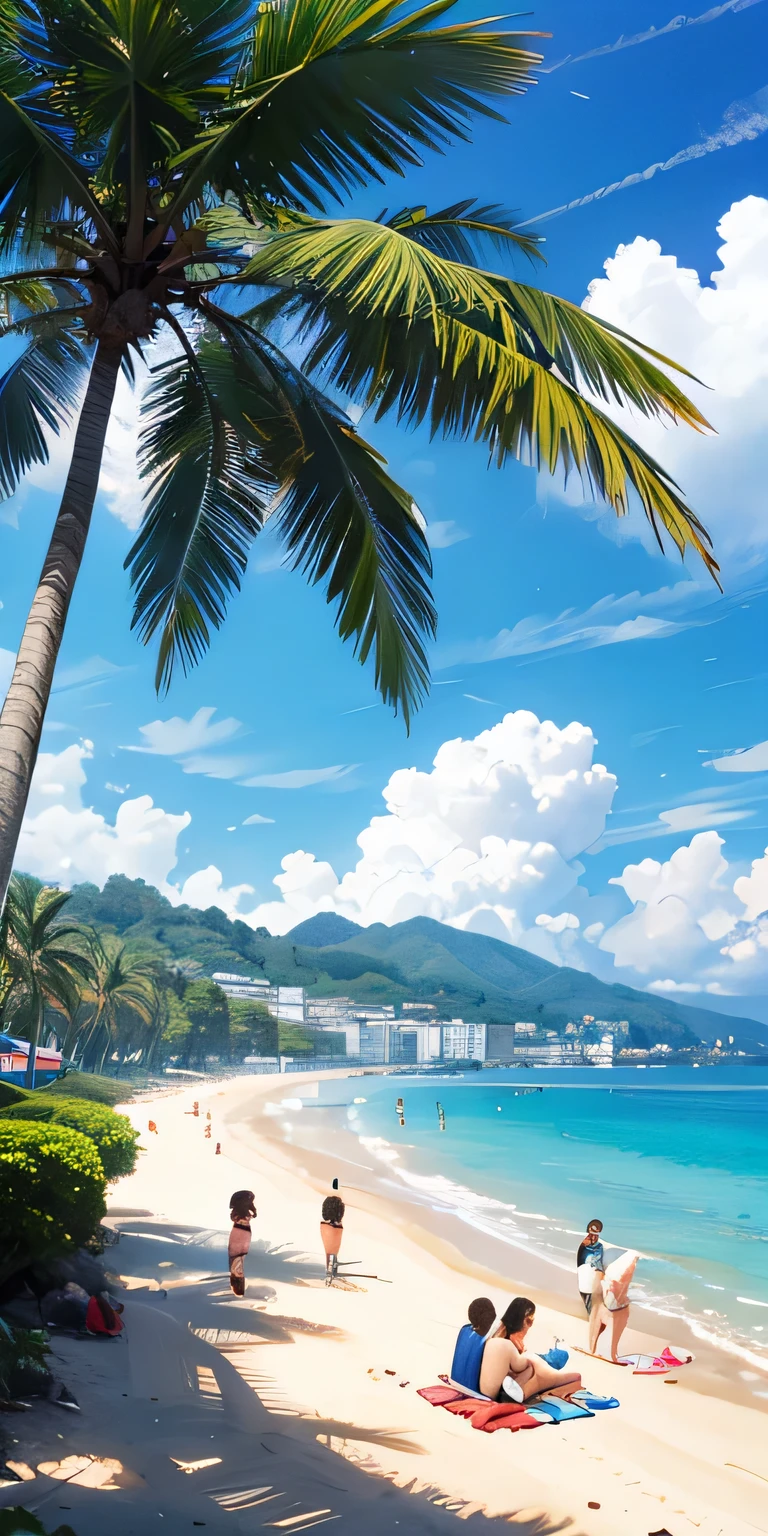 tropical blue sea, a small mountain far away, Lush palm trees, many people on the beach, patong beach, so many people, People sitting on the beach and looking at the sea