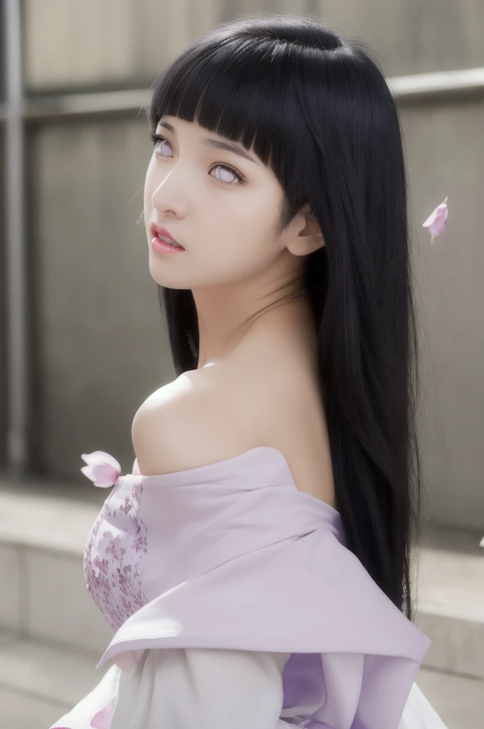 masterpiece, best quality, 1girl, looking at viewer, hinata\(shippuden\), parted lips, wind lift, bottomless, purple fabric kebaya,blue black hair, long hair, white eyes, solid eyes, large breast masterpiece, absurdres, hinata\(boruto\), 1girl, solo,mature female, off-shoulder oversized shirt, looking at viewer, (falling petals), perfect composition, detailed lips, big breast, beautiful face, body propotion, blush, (pink lips), long hair,  purple eyes,  soft gaze,  super realistic, detailed, photoshoot, realistic face and body, back view