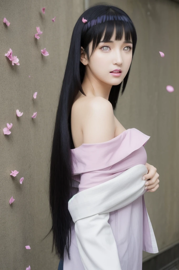 masterpiece, best quality, 1girl, looking at viewer, hinata\(shippuden\), parted lips, wind lift, bottomless, purple fabric kebaya,blue black hair, long hair, white eyes, solid eyes, large breast masterpiece, absurdres, hinata\(boruto\), 1girl, solo,mature female, off-shoulder oversized shirt, looking at viewer, (falling petals), perfect composition, detailed lips, big breast, beautiful face, body propotion, blush, (pink lips), long hair, purple eyes, soft gaze, super realistic, detailed, photoshoot, realistic face and body, back view