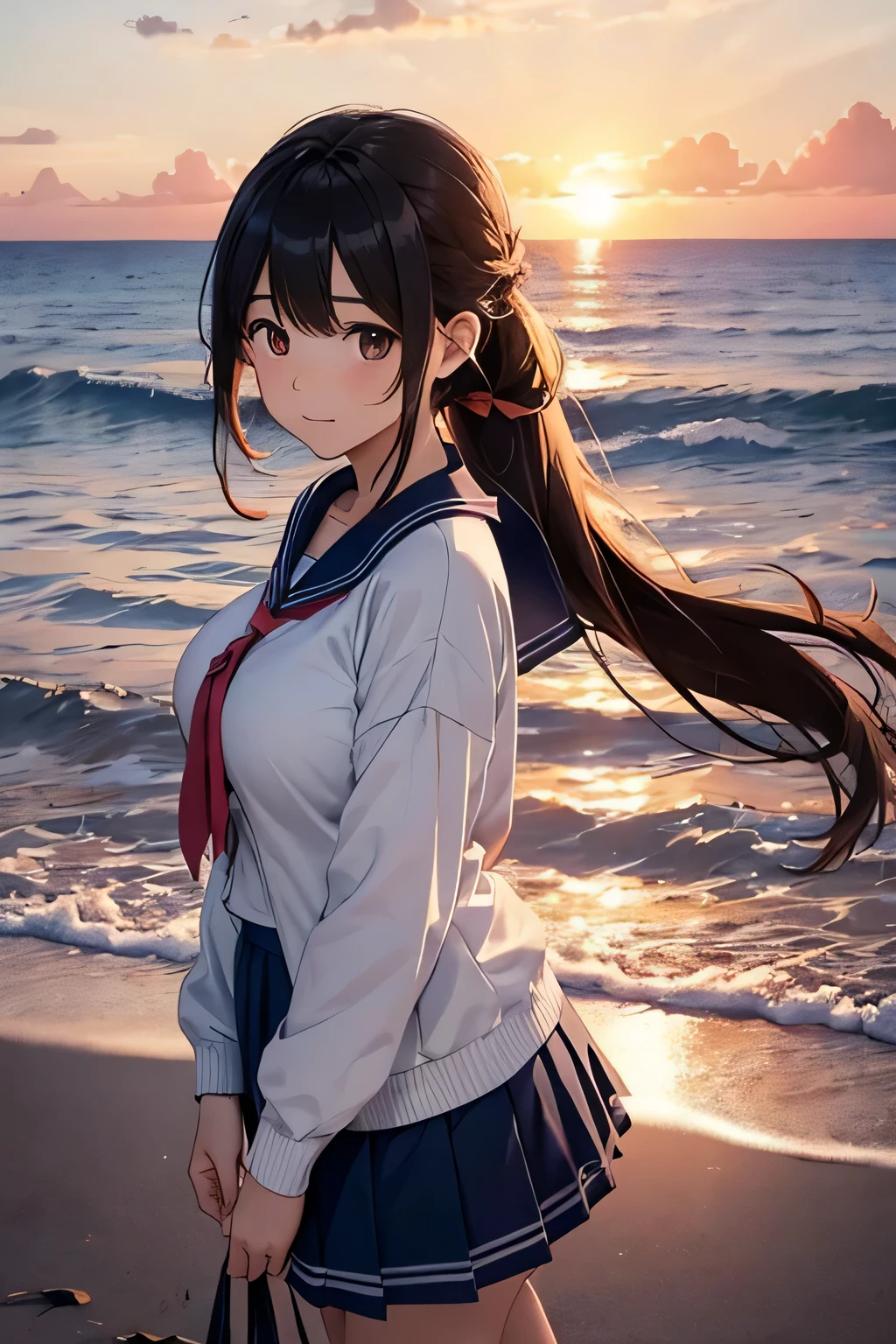 highest quality、High resolution、Detailed Background、 Girl、(Huge breasts:1.2)、Black Hair、Bob Hair、ponytail、Braided long hair、Wavy Hairstyle、well-groomed eyebrows、Perfect body line、cute gesture、
Sailor suit、light blue sailor color、Pleated long skirt、school cardigan、White knee-high socks、Cowboy Shot、
Spend some time at the beach watching the sunset、Feel the end of summer as you feel the sea breeze and the sound of the waves.、
Before the sun sets, the sky takes on a sunset-like appearance.、
At first, bright orange and pink gradually painted the sky.々It will turn reddish.、
As the sun sets, the colors become more vibrant and the surrounding scenery is beautifully colored.、
The sun sinks slowly into the horizon.、
The setting sun slowly gets lower and closer to the horizon.、
Sometimes they disappear and reappear behind the clouds.、
These changes make the sunset look even more dramatic.、
As the sun approaches the horizon, its color changes.、
The reds and oranges become deeper, giving the surrounding scenery a fantastic glow.、
Sometimes the sun takes on a purple or bluish hue, allowing you to enjoy the various changes in color as the sun sets.、
When the sun sinks below the horizon, its light reflects off the surface of the sea or lake, creating a fantastic sight.、
The way the water sways and the glow of the setting sun spreads is very beautiful.、
Buildings and trees々You can also see the light of the setting sun reflected off the surrounding scenery, enveloping it in a soft glow.、
The moment the sun sinks below the horizon, its last rays shine brighter and light up the sky for just a moment.、
This moment"The final light of the setting sun"Also called、
The last light is particularly beautiful and creates an ennui-like atmosphere.、
Gazing at that moment, you will be able to feel the end of summer.、
The combination of these elements, such as the color of the sunset, the reflection of light, and the way it sinks below the horizon, creates an ennui-like scene that signals the end of summer.