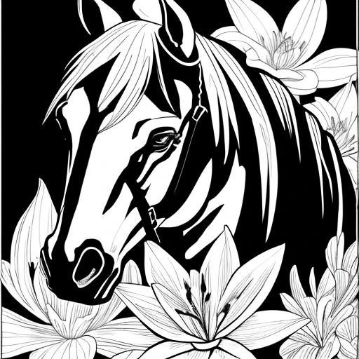 Black and white horse with river lillies flower in background, its fine ink line art, comic style, Marilyn Munroe, Hollywood glam, beautiful line art, black and white comic style, manga style, manga art style, pencil and ink caricature drawing, black and white coloring