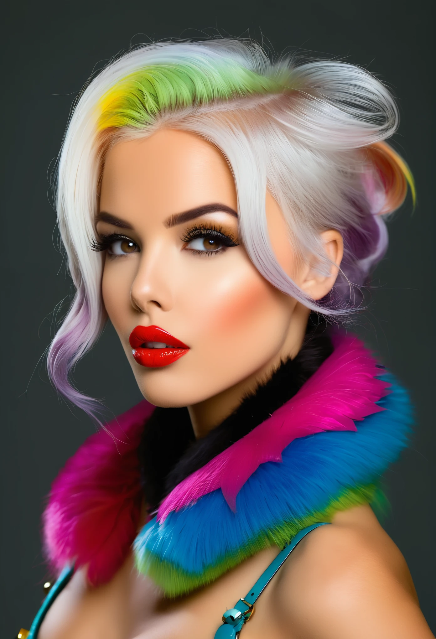 1girl, bellissima, breasts, fur collar, grey background, lips, looking to the side, multicolored hair, parted lips, realistic, solo, watch