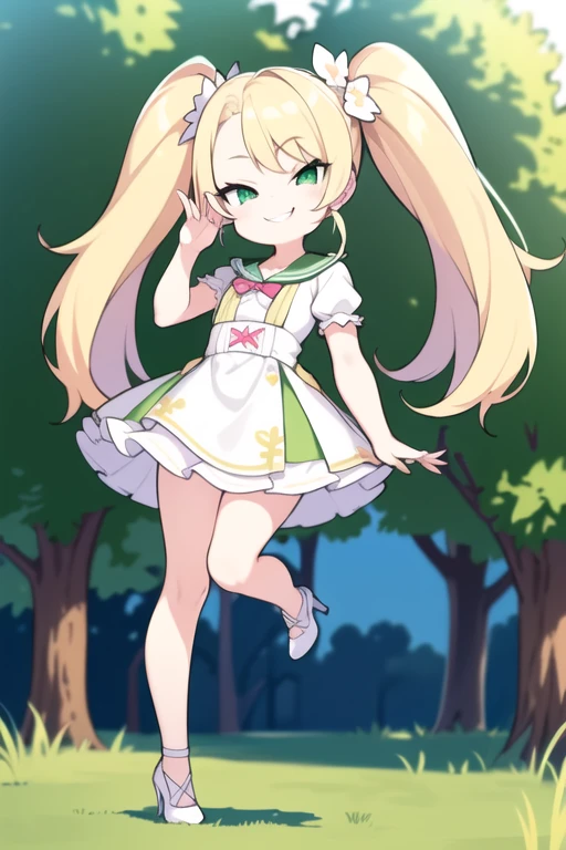 ((Masterpiece)), ((Best Quality)), (Ultra-detailed), ((high definition 4k)) Anime style, Cute, 1girl in, Solo, ((Beautiful green eyes)), Smile, (thin legs), details in the environment, face the lens, full body, lesbian, seductive, seductive smile, seductive eyes, undressing, raped, accurate depiction of the human body, 1 girl, cute, bratty, spoiled, blonde hair, twintails, long hair, cute, bratty, teasing look, dim lighting, green eyes, smiling, sassy, sassy smile, small, blond hair, long blond hair, twintails, twin-tails, golden twintails, blond twintails, (long blond twintails), laughing at viewer, laghing pose, laughing, laughing expression making of at POV, (in a park) ((in a park at day time)), ((white heels)), ((small white short summer dress)), (((Loli))) (((Young girl))) (((child girl))), , sassy, cheey, mesugaki