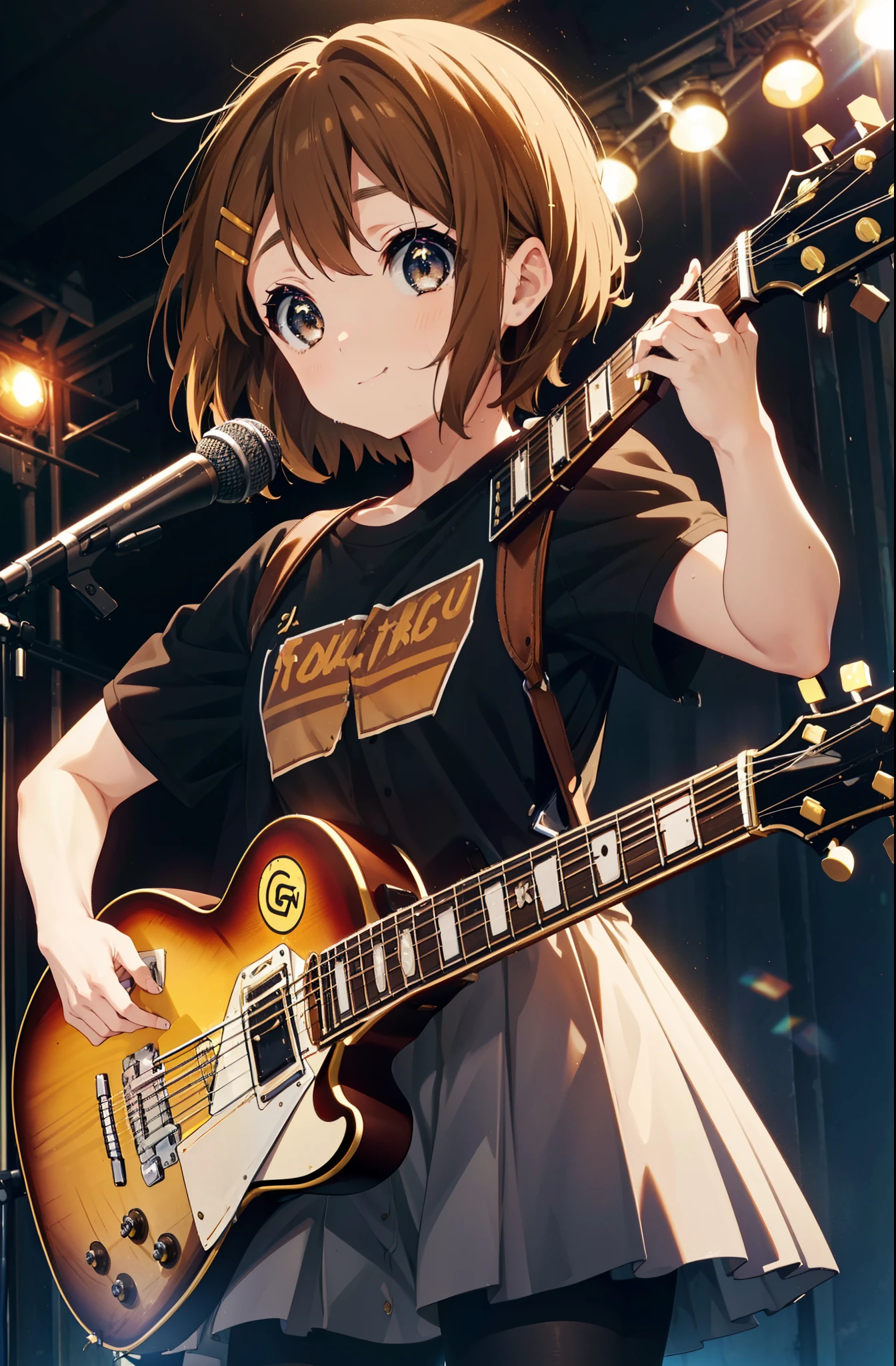 yuihirasawa, Yui Hirasawa, short hair, Brown Hair, hair ornaments, (Brown eyes:1.5),smile,Mouth wide open,Sweat,Wet clothes,Wet Skin,black print t shirt, Black pleated skirt,Black pantyhose,Brown loafers,Hair Clip,guitar(Gibson　Les Paul)flip,stage,Singing with your mouth open,So that the whole body goes into the illustration,
break indoors, live house、
break looking at viewer, (Cowboy Shot:1.5),
break (masterpiece:1.2), highest quality, High resolution, unity 8k wallpaper, (shape:0.8), (Fine and beautiful eyes:1.6), Highly detailed face, Perfect lighting, Highly detailed CG, (Perfect hands, Perfect Anatomy),