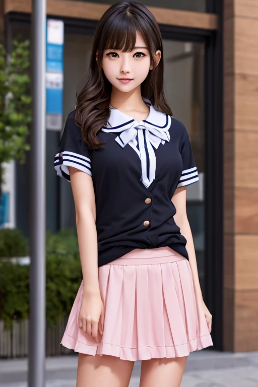 Highly detailed CG Unity 8k wallpaper、highest quality、Super detailed、masterpiece、practical、Photorealism、very detailed cute girl、(high school girl)、Miniskirt 、((Lift up your skirt))、blushing with shame、Looking at the audience、Half-body photo、On a street corner where many people gathered、(((Showing off genitals )))、(It's a shaved pussy)、(Beautiful vertical line pussy)