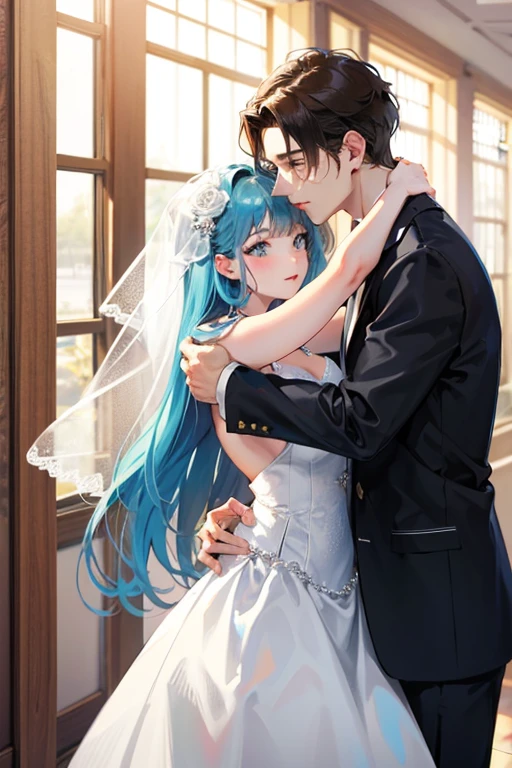 A girl with light blue long hair gets married to a man
They hug