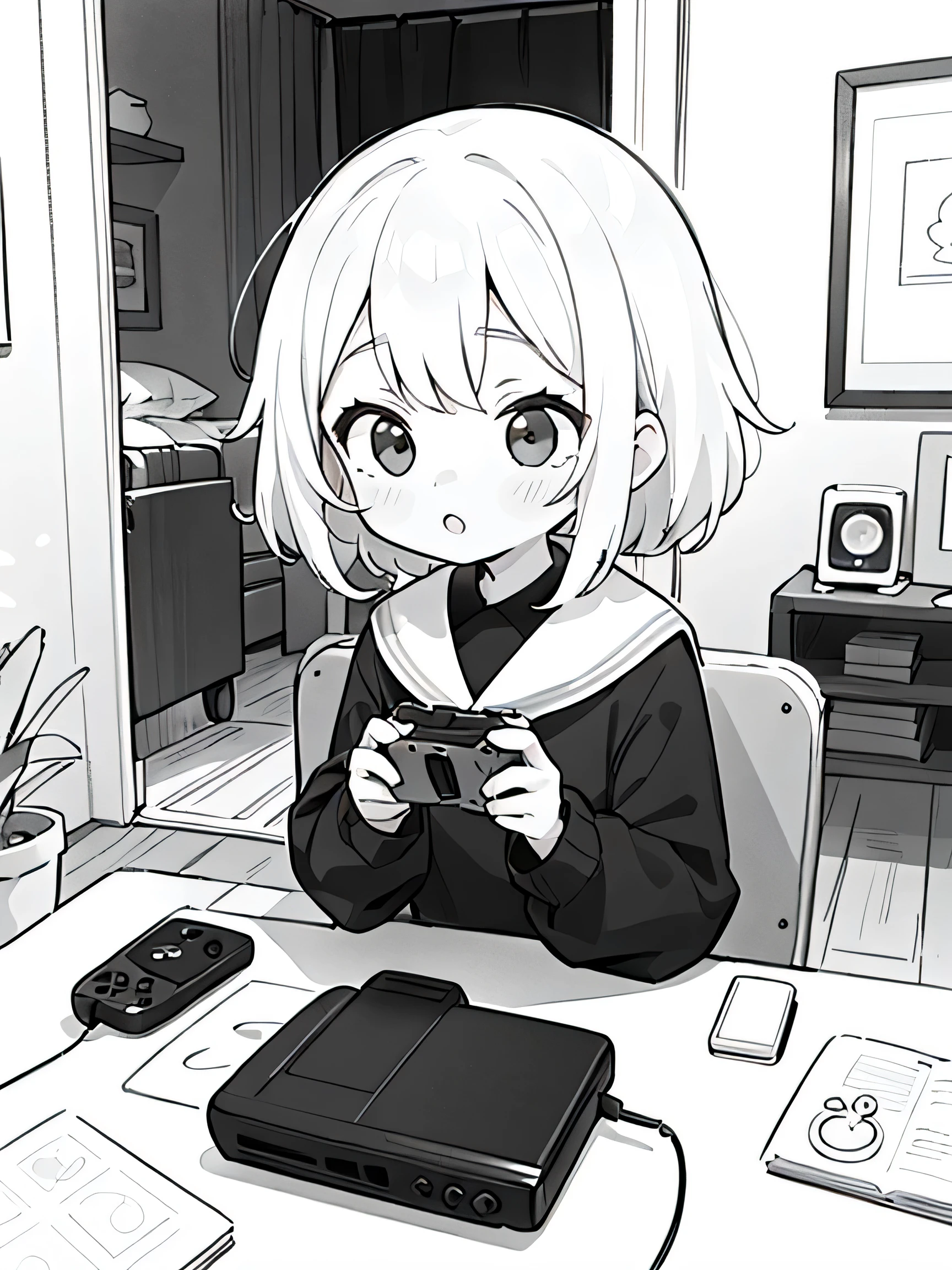 ((black and white antistress coloring book)) ((girl at home with her friend playing console)) Kawaii Design、The Most Beautiful Girl in the World, chibi, White hair, seal, a lot of details