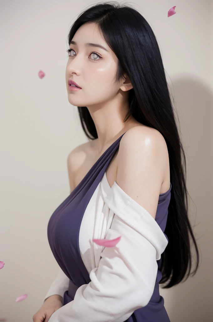 masterpiece, best quality, 1girl, looking at viewer, hinata\(shippuden\), parted lips, wind lift, bottomless, purple fabric kebaya,blue black hair, long hair, white eyes, solid eyes, large breast masterpiece, absurdres, hinata\(boruto\), 1girl, solo,mature female, off-shoulder oversized shirt, looking at viewer, (falling petals), perfect composition, detailed lips, big breast, beautiful face, body propotion, blush, (pink lips), long hair, purple eyes, soft gaze, super realistic, detailed, photoshoot, realistic face and body, back view