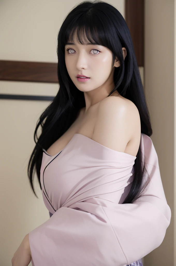 masterpiece, best quality, 1girl, looking at viewer, hinata\(shippuden\), parted lips, wind lift, bottomless, purple fabric kebaya,blue black hair, long hair, white eyes, solid eyes, large breast masterpiece, absurdres, hinata\(boruto\), 1girl, solo,mature female, off-shoulder oversized shirt, looking at viewer, (falling petals), perfect composition, detailed lips, big breast, beautiful face, body propotion, blush, (pink lips), long hair, purple eyes, soft gaze, super realistic, detailed, photoshoot, realistic face and body, back view