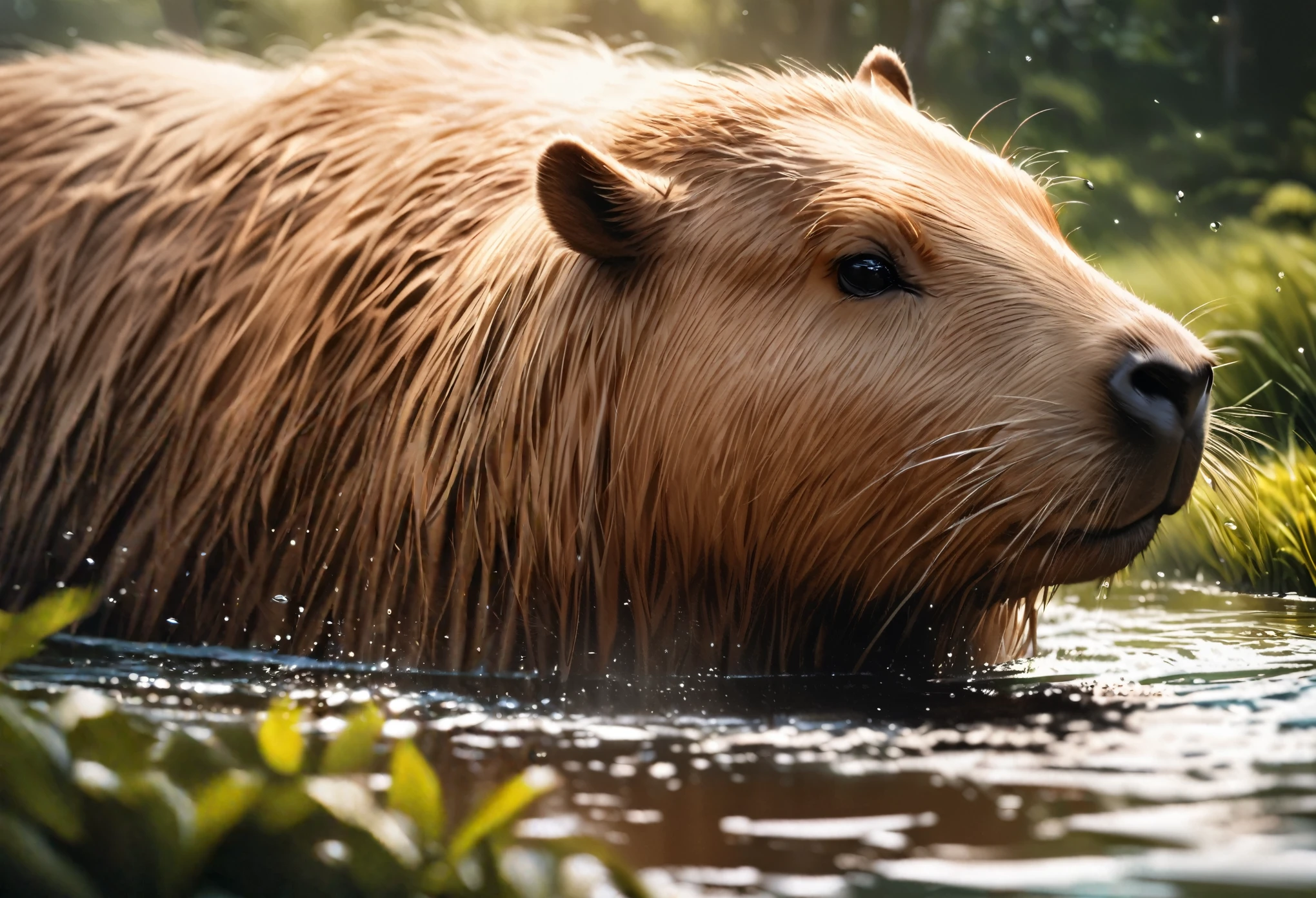 (best quality,4k,8k,highres,masterpiece:1.2),ultra-detailed,(realistic,photorealistic,photo-realistic:1.37),cute capybara playing in a lush green field,refreshing river flowing beside,majestic blue sky and fluffy white clouds,sparkling sunlight illuminating the scene,glistening water droplets on the capybara's fur,cheerful and joyful expression on the capybara's face,playful splashes of water as the capybara dives into the river with excitement,playfully chasing its own reflection in the water,soft and vibrant colors contrasting the capybara's brown fur with the lush green surroundings,faint ripples in the river creating a serene and peaceful atmosphere,colorful blooming flowers adding beauty to the scene,gentle breeze rustling the leaves of nearby trees,bringing a sense of tranquility to the playful moment,swift and agile movements of the capybara as it explores its surroundings,expressive and curious eyes capturing the playful spirit of the capybara,a happy and carefree atmosphere,emphasizing the joy and  of the capybara's playfulness,surrounded by a harmonious and idyllic natural environment that evokes a sense of serenity and happiness.