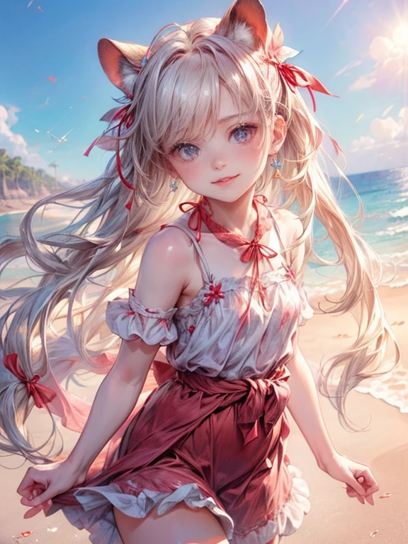 (fullboy shot:1.2), masterpiece:1.2,highres,32k,photorealistic:1.37,ultra-detailed:1.2,cute girl in sandy beach, cute pure white ruffle dress(Cute red ribbon on the waist:1.4), smile lightly face down on the sandy beach,beautiful delicate(hair,face,ribbon,skin,legs,beach):1.4,blushed cheek,half-closed mouth,bright rosy lips,sparkling eyes,delicate pupils, vibrant colors illustration