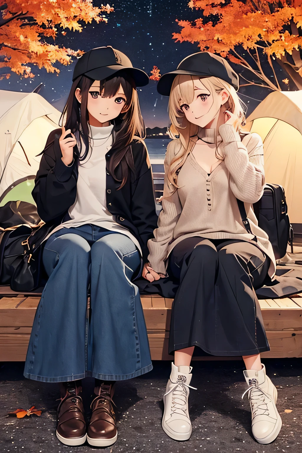 highest quality、High resolution、Detailed Background、Beautiful face in every detail、Anatomically correct、(Draw a normal number of fingers:1.2)、Detailed facial expressions、age beauty、Huge breasts、Perfect body line、cute hair color、cute hairstyle、Romantic and cute atmosphere、cute mood、Cowboy Shot、
(Two beautiful girls enjoying the starry sky spreading out in the autumn night sky:1.5)、
Stargazing on a picnic date、Hold hands with the night sky in the background, search for constellations and enjoy a romantic meal under the starry sky、
Rooftop or rooftop dates、Spend time holding hands and exchanging sweet words and smiles while looking up at the stars together、
Camp Date、Look at the stars and make a wish in the stars while lying down together in a tent、
You can also deepen your distance from each other while searching for constellations and talking about stars、
Take pictures with your partner or friends with the starry sky in the background or point at the stars and take pictures with a smile、
It is a style that combines boots and pumps with a feminine dress decorated with lace and frills、If you choose a dress with an autumn-like color or floral pattern, it will give off a sense of the season and stand out for its cuteness、
It is a style of layering a shirt or cardigan over a t-shirt or turtleneck、
Pair it with sneakers or boots for a casual and stylish look、
It's a style that pairs a loose, oversized knit with skinny pants or leggings、You can create an autumn-like look by choosing boots or loafers for your feet、
It's a bohemian style that combines a maxi skirt or wide pants with a blouse or cardigan、If you show off your personality with flat sandals or boots as an accessory, this style is perfect for fall nights、
It's a casual style that pairs sweatpants or a sweat dress with sneakers or ankle boots、Pair it with a voluminous hairstyle or cap for a trendy and cute impression、
It is a style that incorporates leather jackets and leather skirts、Pair it with a simple top or knit and pair it with boots or sneakers for an edgy style on fall nights、
It is a style that combines a pleated skirt with a simple top or knit、belts and tights、Pair it with ballet shoes and boots to create a cute and moderately mature look、
It is a style of pairing a skirt with an embroidered blouse or jacket、Pair it with loafers and boots for a slightly classic and cute vibe、
It is a style that combines a knitted vest with a long-sleeved top or shirt and a skirt、Pair it with ankle boots or sneakers, or accentuate a scarf or hat for a perfect style for fall nights、cute