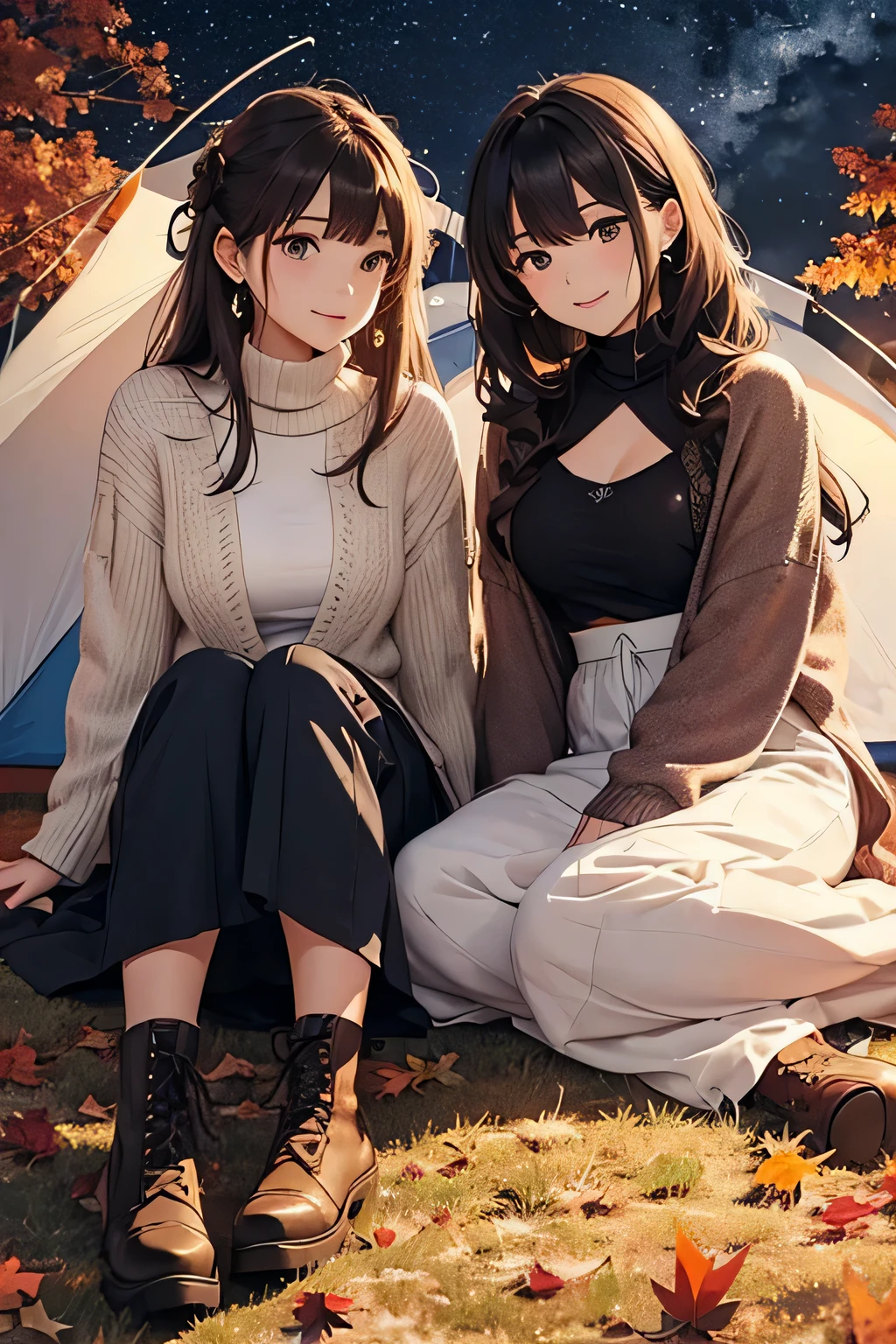 highest quality、High resolution、Detailed Background、Beautiful face in every detail、Anatomically correct、(Draw a normal number of fingers:1.2)、Detailed facial expressions、Teenage beauty、Huge breasts、Perfect body line、cute hair color、cute hairstyle、Romantic and cute atmosphere、cute mood、Cowboy Shot、
(Two beautiful girls enjoying the starry sky spreading out in the autumn night sky:1.5)、
Stargazing on a picnic date、Hold hands with the night sky in the background, search for constellations and enjoy a romantic meal under the starry sky、
Rooftop or rooftop dates、Spend time holding hands and exchanging sweet words and smiles while looking up at the stars together、
Camp Date、Look at the stars and make a wish in the stars while lying down together in a tent、
You can also deepen your distance from each other while searching for constellations and talking about stars、
Take pictures with your partner or friends with the starry sky in the background or point at the stars and take pictures with a smile、
It is a style that combines boots and pumps with a feminine dress decorated with lace and frills、If you choose a dress with an autumn-like color or floral pattern, it will give off a sense of the season and stand out for its cuteness、
It is a style of layering a shirt or cardigan over a t-shirt or turtleneck、
Pair it with sneakers or boots for a casual and stylish look、
It's a style that pairs a loose, oversized knit with skinny pants or leggings、You can create an autumn-like look by choosing boots or loafers for your feet、
It's a bohemian style that combines a maxi skirt or wide pants with a blouse or cardigan、If you show off your personality with flat sandals or boots as an accessory, this style is perfect for fall nights、
It's a casual style that pairs sweatpants or a sweat dress with sneakers or ankle boots、Pair it with a voluminous hairstyle or cap for a trendy and cute impression、
It is a style that incorporates leather jackets and leather skirts、Pair it with a simple top or knit and pair it with boots or sneakers for an edgy style on fall nights、
It is a style that combines a pleated skirt with a simple top or knit、belts and tights、Pair it with ballet shoes and boots to create a cute and moderately mature look、
It is a style of pairing a skirt with an embroidered blouse or jacket、Pair it with loafers and boots for a slightly classic and cute vibe、
It is a style that combines a knitted vest with a long-sleeved top or shirt and a skirt、Pair it with ankle boots or sneakers, or accentuate a scarf or hat for a perfect style for fall nights、cute