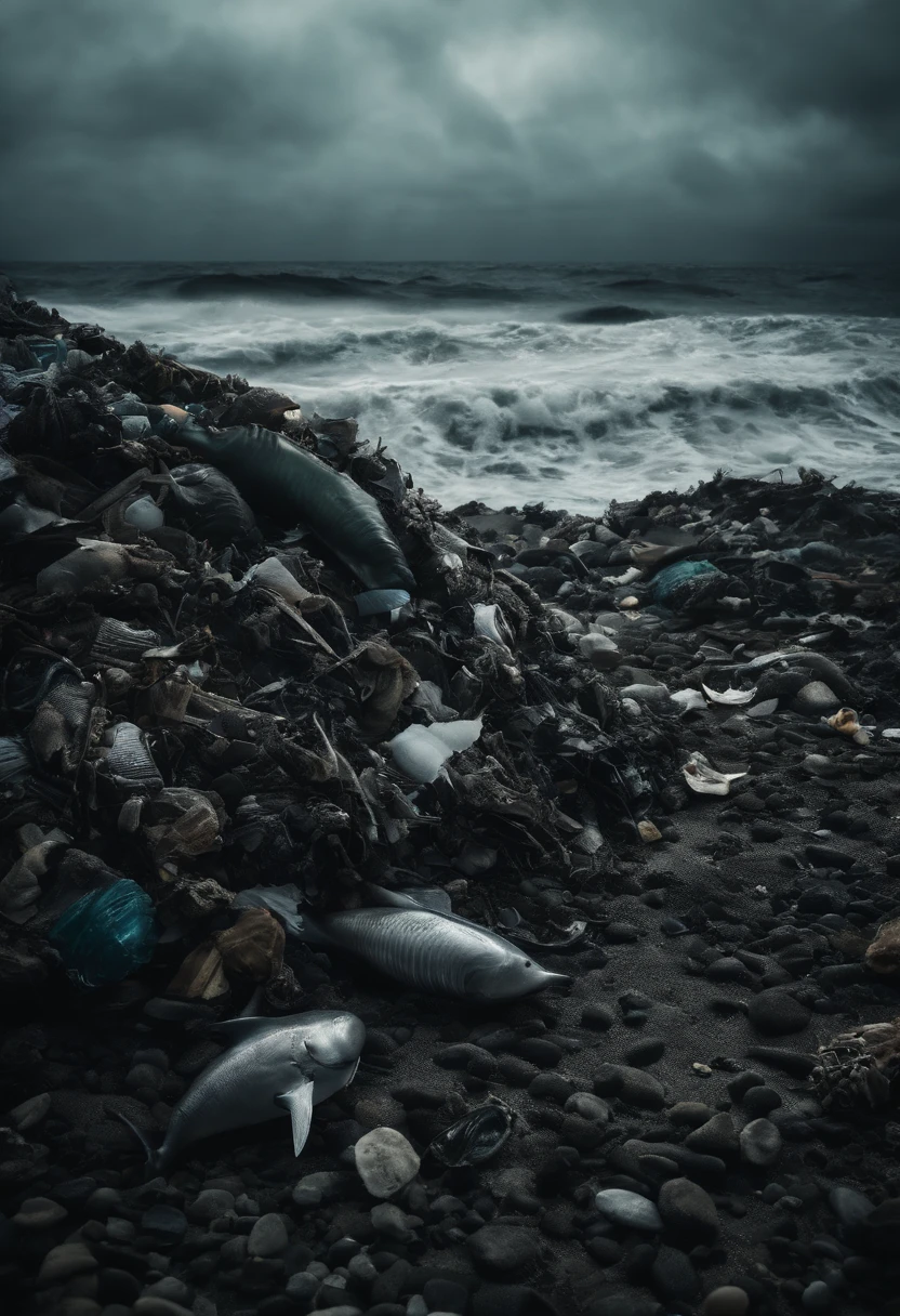 A lot of trash dumped in the sea、anger、Giant marine life、Roar intimidatingly、deep sea