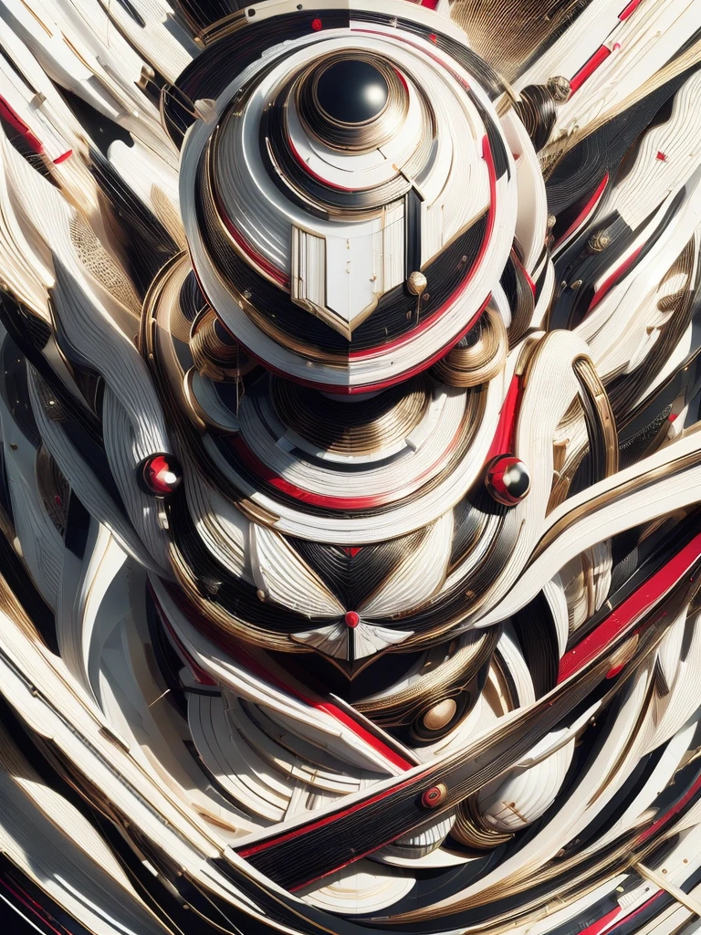 (high quality), (masterpiece), (detailed), 8K, Hyper-realistic portrayal of a futuristic (1girl1.2), Japanese character in an abstract composition featuring white, black, red, and gold accents. Meticulous details capture the dynamic interplay of colors and forms in this visually stunning composition. Trending on Artstation.