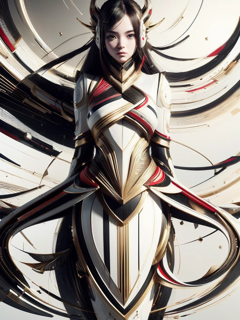 (high quality), (masterpiece), (detailed), 8K, Hyper-realistic portrayal of a futuristic (1girl1.2), Japanese character in an abstract composition featuring white, black, red, and gold accents. Meticulous details capture the dynamic interplay of colors and forms in this visually stunning composition. Trending on Artstation.