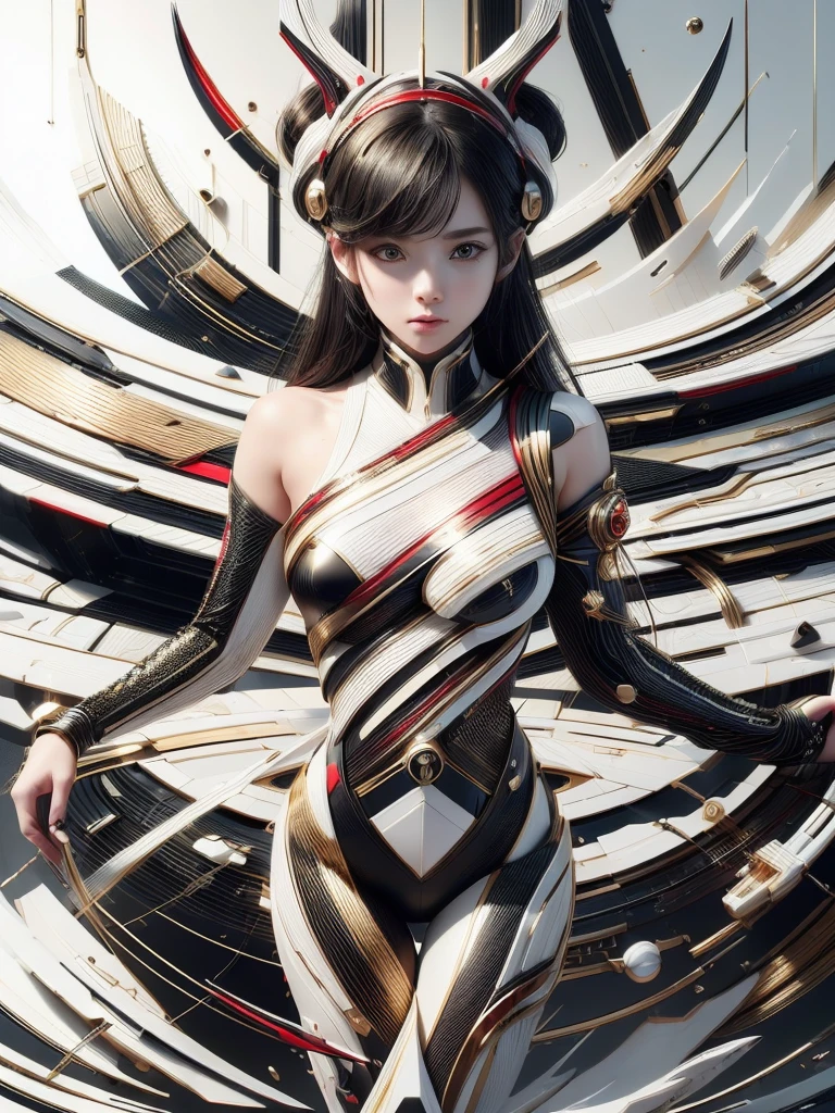 (high quality), (masterpiece), (detailed), 8K, Hyper-realistic portrayal of a futuristic (1girl1.2), Japanese character in an abstract composition featuring white, black, red, and gold accents. Meticulous details capture the dynamic interplay of colors and forms in this visually stunning composition. Trending on Artstation.