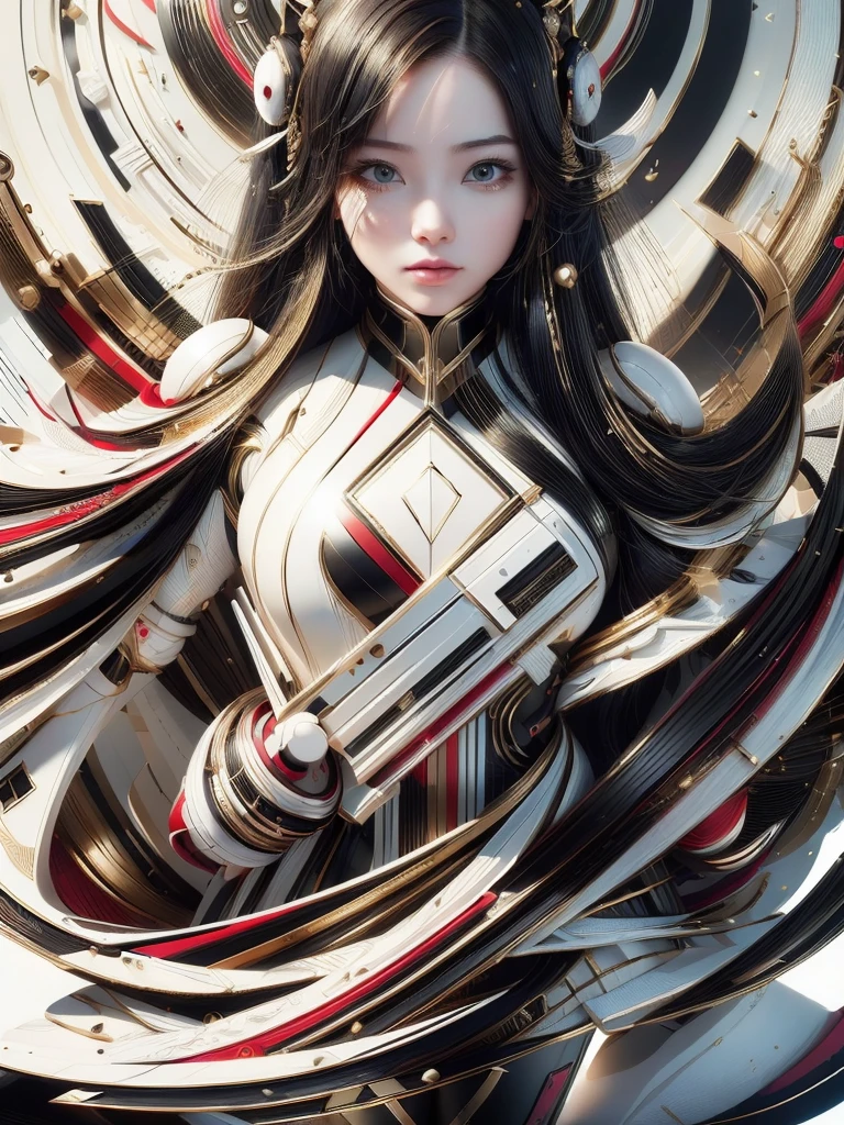 (high quality), (masterpiece), (detailed), 8K, Hyper-realistic portrayal of a futuristic (1girl1.2), Japanese character in an abstract composition featuring white, black, red, and gold accents. Meticulous details capture the dynamic interplay of colors and forms in this visually stunning composition. Trending on Artstation.