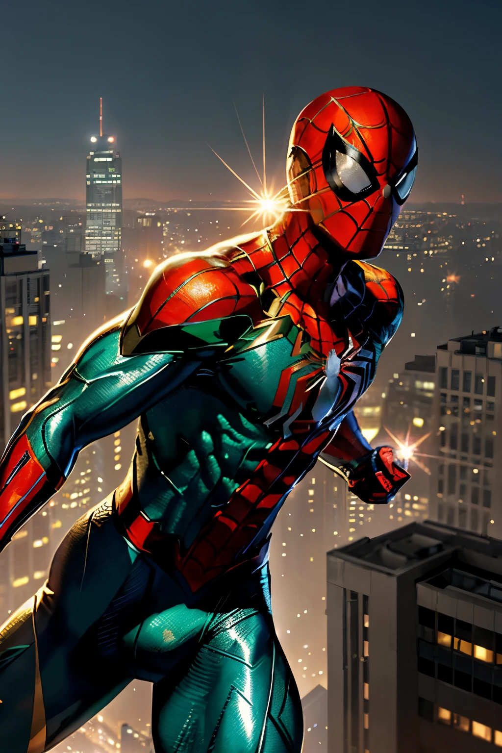 An image of Spider-Man soaring through the twilight cityscape, donning a dark green and gold ensemble inspired by Rob Liefeld's Green Academia style. His muscular figure is accentuated, and his shiny eyes gleam with intelligence and focus. Zeen-like chin juts out boldly from his mask, while Argus C-3 goggles rest atop his forehead, their advanced technology gleaming under the steel city lights. Steel S-emblems on his chest and back reflect the light as he swiftly moves from building to building, leaving a trail of shimmering reflections behind.