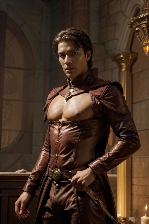 A male human figure who personify the tarot of The Chariot, dressed in amber,maroon, rich bright russet and dark greenish brown, intelligence of the house of influence, The of the Powers of the Waters, the Lord of the Triumph of Light, Cancer, Caza art, digital art