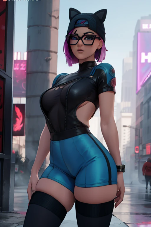 Traje de lino Cyberpunk, pulsera de picos,gorro de invierno , shorts negro con leggins Azul Marino, chaqueta azul marino ,Extremadamente detallado, rostro detallado, gafas ,hermoso rostro, ojos finos, mirando al espectador, pose femenino, Noche