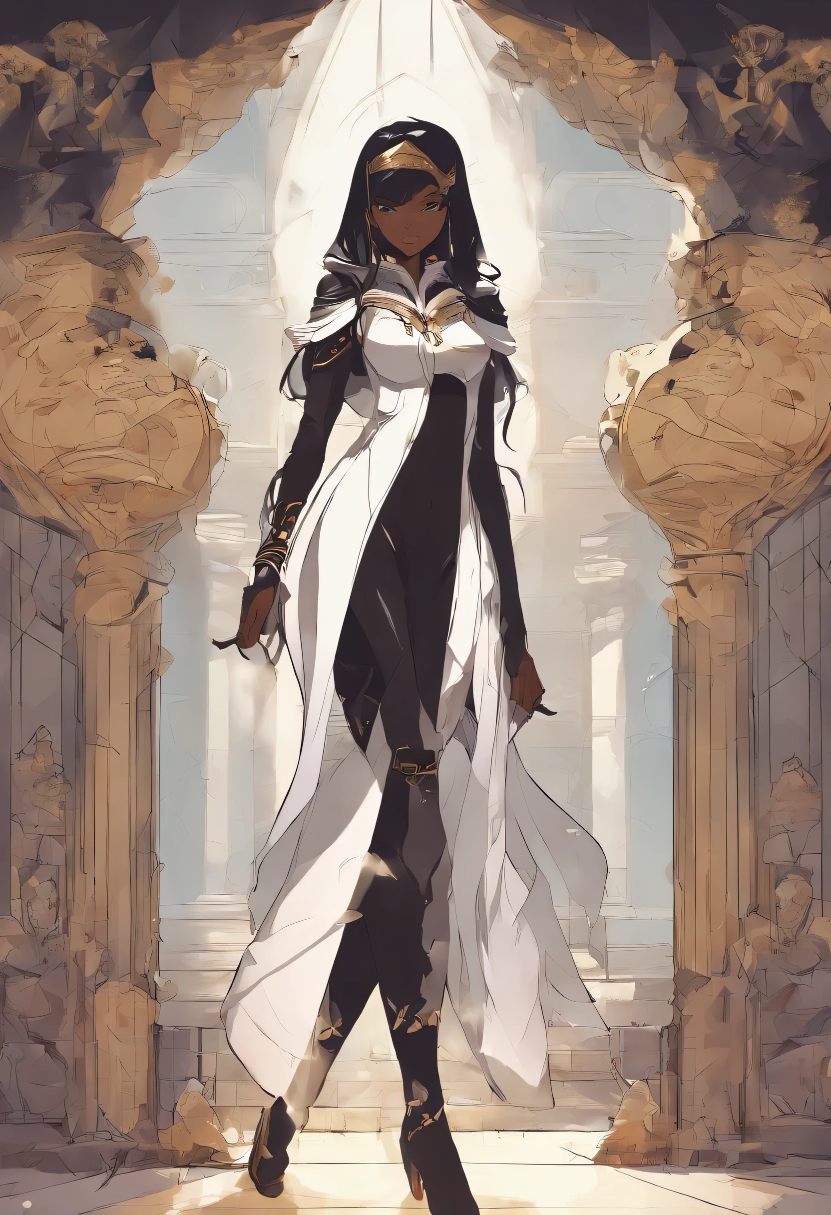 ((mejor calidad)), ((Obra maestra)), (detallado), cara perfecta. Portada de manhwa, arte animado, anime, una chica negra con cabello largo, cabello rizado, cara redonda y redonda. Vistiendo un vestido de princesa egipcia. Embarazo casi a termino.