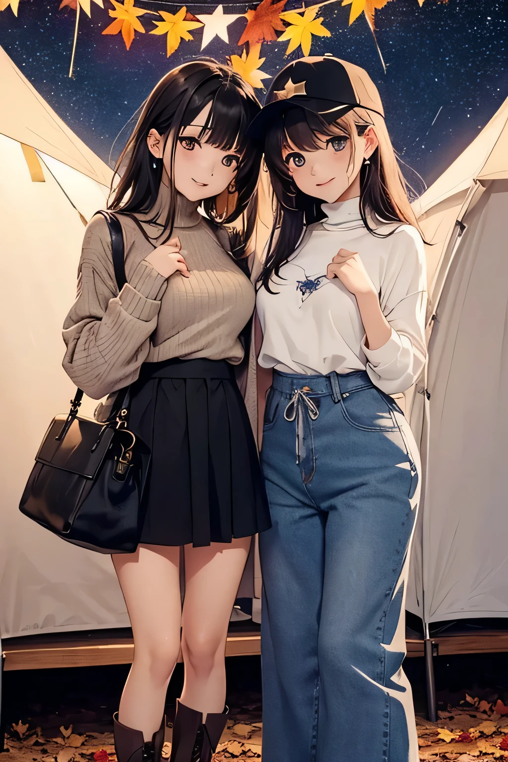 highest quality、High resolution、Detailed Background、Beautiful face in every detail、Anatomically correct、(Draw a normal number of fingers:1.2)、Detailed facial expressions、Teenage beauty、Huge breasts、Perfect body line、cute hair color、cute hairstyle、Romantic and cute atmosphere、cute mood、Cowboy Shot、

(Two beautiful girls enjoying the starry sky spreading out in the autumn night sky:1.5)、

Stargazing on a picnic date、Hold hands with the night sky in the background, search for constellations and enjoy a romantic meal under the starry sky、
Rooftop or rooftop dates、Spend time holding hands and exchanging sweet words and smiles while looking up at the stars together、
Camp Date、Look at the stars and make a wish in the stars while lying down together in a tent、
You can also deepen your distance from each other while searching for constellations and talking about stars、
Take pictures with your partner or friends with the starry sky in the background or point at the stars and take pictures with a smile、

It is a style that combines boots and pumps with a feminine dress decorated with lace and frills、If you choose a dress with an autumn-like color or floral pattern, it will give off a sense of the season and stand out for its cuteness、
It is a style of layering a shirt or cardigan over a t-shirt or turtleneck、
Pair it with sneakers or boots for a casual and stylish look、
It's a style that pairs a loose, oversized knit with skinny pants or leggings、You can create an autumn-like look by choosing boots or loafers for your feet、
It's a bohemian style that combines a maxi skirt or wide pants with a blouse or cardigan、If you show off your personality with flat sandals or boots as an accessory, this style is perfect for fall nights、
It's a casual style that pairs sweatpants or a sweat dress with sneakers or ankle boots、Pair it with a voluminous hairstyle or cap for a trendy and cute impression、
It is a style that incorporates leather jackets and leather skirts、Pair it with a simple top or knit and pair it with boots or sneakers for an edgy style on fall nights、
It is a style that combines a pleated skirt with a simple top or knit、belts and tights、Pair it with ballet shoes and boots to create a cute and moderately mature look、
It is a style of pairing a skirt with an embroidered blouse or jacket、Pair it with loafers and boots for a slightly classic and cute vibe、
It is a style that combines a knitted vest with a long-sleeved top or shirt and a skirt、Pair it with ankle boots or sneakers, or accentuate a scarf or hat for a perfect style for fall nights、cute
