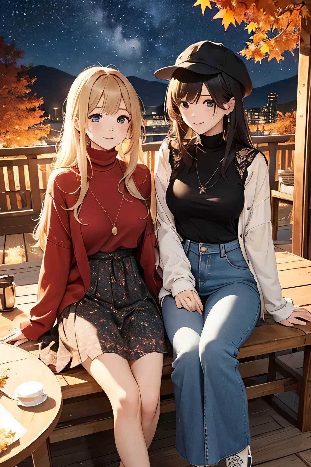 highest quality、High resolution、Detailed Background、Beautiful face in every detail、Anatomically correct、(Draw a normal number of fingers:1.2)、Detailed facial expressions、Teenage beauty、Huge breasts、Perfect body line、cute hair color、cute hairstyle、Romantic and cute atmosphere、cute mood、Cowboy Shot、

(Two beautiful girls enjoying the starry sky spreading out in the autumn night sky:1.5)、

Stargazing on a picnic date、Hold hands with the night sky in the background, search for constellations and enjoy a romantic meal under the starry sky、
Rooftop or rooftop dates、Spend time holding hands and exchanging sweet words and smiles while looking up at the stars together、
Camp Date、Look at the stars and make a wish in the stars while lying down together in a tent、
You can also deepen your distance from each other while searching for constellations and talking about stars、
Take pictures with your partner or friends with the starry sky in the background or point at the stars and take pictures with a smile、

It is a style that combines boots and pumps with a feminine dress decorated with lace and frills、If you choose a dress with an autumn-like color or floral pattern, it will give off a sense of the season and stand out for its cuteness、
It is a style of layering a shirt or cardigan over a t-shirt or turtleneck、
Pair it with sneakers or boots for a casual and stylish look、
It's a style that pairs a loose, oversized knit with skinny pants or leggings、You can create an autumn-like look by choosing boots or loafers for your feet、
It's a bohemian style that combines a maxi skirt or wide pants with a blouse or cardigan、If you show off your personality with flat sandals or boots as an accessory, this style is perfect for fall nights、
It's a casual style that pairs sweatpants or a sweat dress with sneakers or ankle boots、Pair it with a voluminous hairstyle or cap for a trendy and cute impression、
It is a style that incorporates leather jackets and leather skirts、Pair it with a simple top or knit and pair it with boots or sneakers for an edgy style on fall nights、
It is a style that combines a pleated skirt with a simple top or knit、belts and tights、Pair it with ballet shoes and boots to create a cute and moderately mature look、
It is a style of pairing a skirt with an embroidered blouse or jacket、Pair it with loafers and boots for a slightly classic and cute vibe、
It is a style that combines a knitted vest with a long-sleeved top or shirt and a skirt、Pair it with ankle boots or sneakers, or accentuate a scarf or hat for a perfect style for fall nights、cute