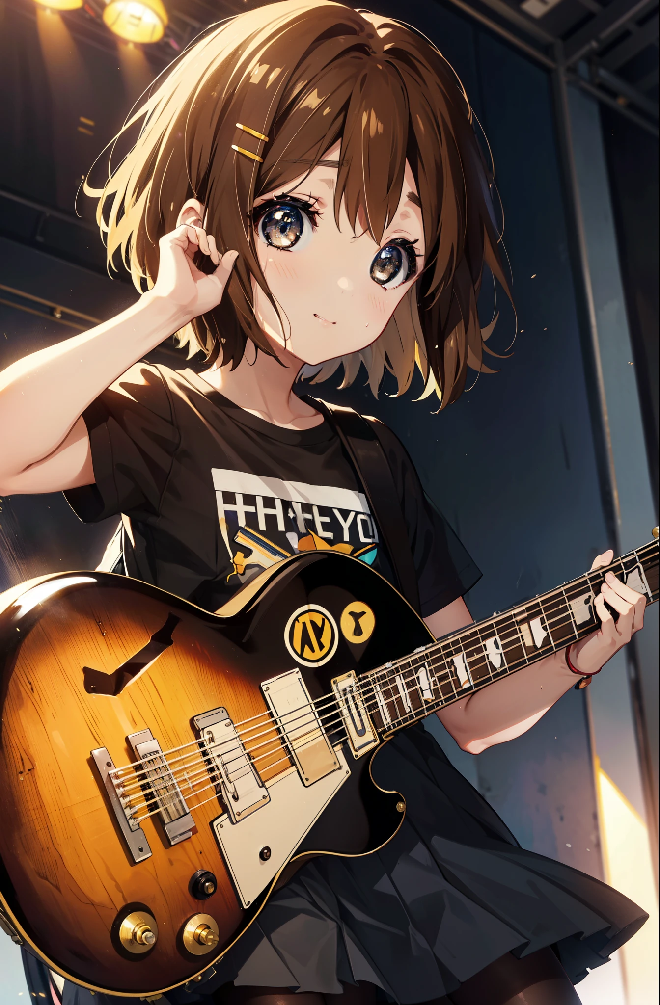 yuihirasawa, Yui Hirasawa, short hair, Brown Hair, hair ornaments, (Brown eyes:1.5),smile,Mouth wide open,Sweat,Wet clothes,Wet Skin,black print t shirt, Black pleated skirt,Black pantyhose,Brown loafers,Hair Clip,guitar(Gibson　Les Paul)flip,stage,Singing with your mouth open,So that the whole body goes into the illustration,
break indoors, live house、
break looking at viewer, (Cowboy Shot:1.5),
break (masterpiece:1.2), highest quality, High resolution, unity 8k wallpaper, (shape:0.8), (Fine and beautiful eyes:1.6), Highly detailed face, Perfect lighting, Highly detailed CG, (Perfect hands, Perfect Anatomy),