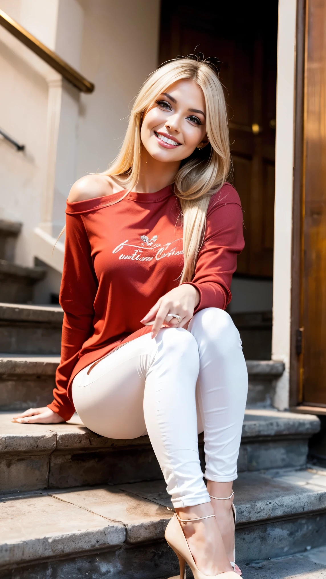 Allie Dunn, blond hair, (white sweatshirt), (white pants), (high heels), (perfect leggs), (whole body), (posing), (photo pose), (sitting a stairs), (confident stance), (alluring allure), (impeccable craftsmanship), (exquisite attention to detail), (smile) (perfect smile), perfect lipps), (perfect teeth), (perfect smile), (irresistible sexiness), (designed to ignite passion), (undeniable sensuality). looking at viewer, smiling, masterpiece, best quality, highly detailed, (Beautiful and detailed eyes), (beautiful and detailed face), Perfect female body, (Best Quality), (ultra-detailed), (master piece), (high resolution), (Original), (the Extremely Detailed CG Unity 8K Wallpapers), big , perfect skin, perfect face, ultra realistic, sexy.
