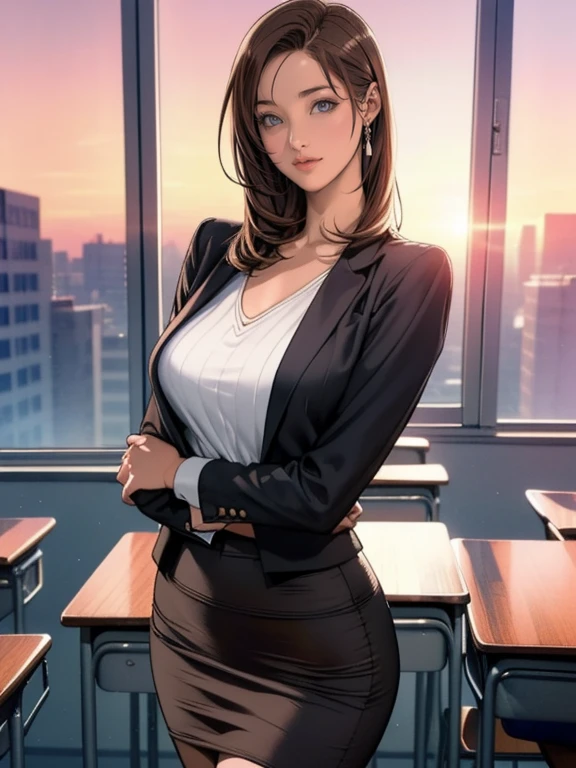 (8k,Photorealistic, masutepiece, Best Quality, Raw photo:1.3)、1woman in, 25years old,Solo,school girl, Long hair, Brown hair, Detailed beautiful face, alluring face, (Detailed beautiful brown eyes:1.2), medium breasts,(loose suit, sheer pencil Skirt :1.35), ( Perfect body skinny beauty: 1.4),( temptation Pose:1.3), (Looking at Viewer, front view,eyes focus:1.2), Detailed background, (sunset:1.2), classroom,fine detailed, intricate detailes,  Ray tracing, depth of fields, seductive smile,classroom,