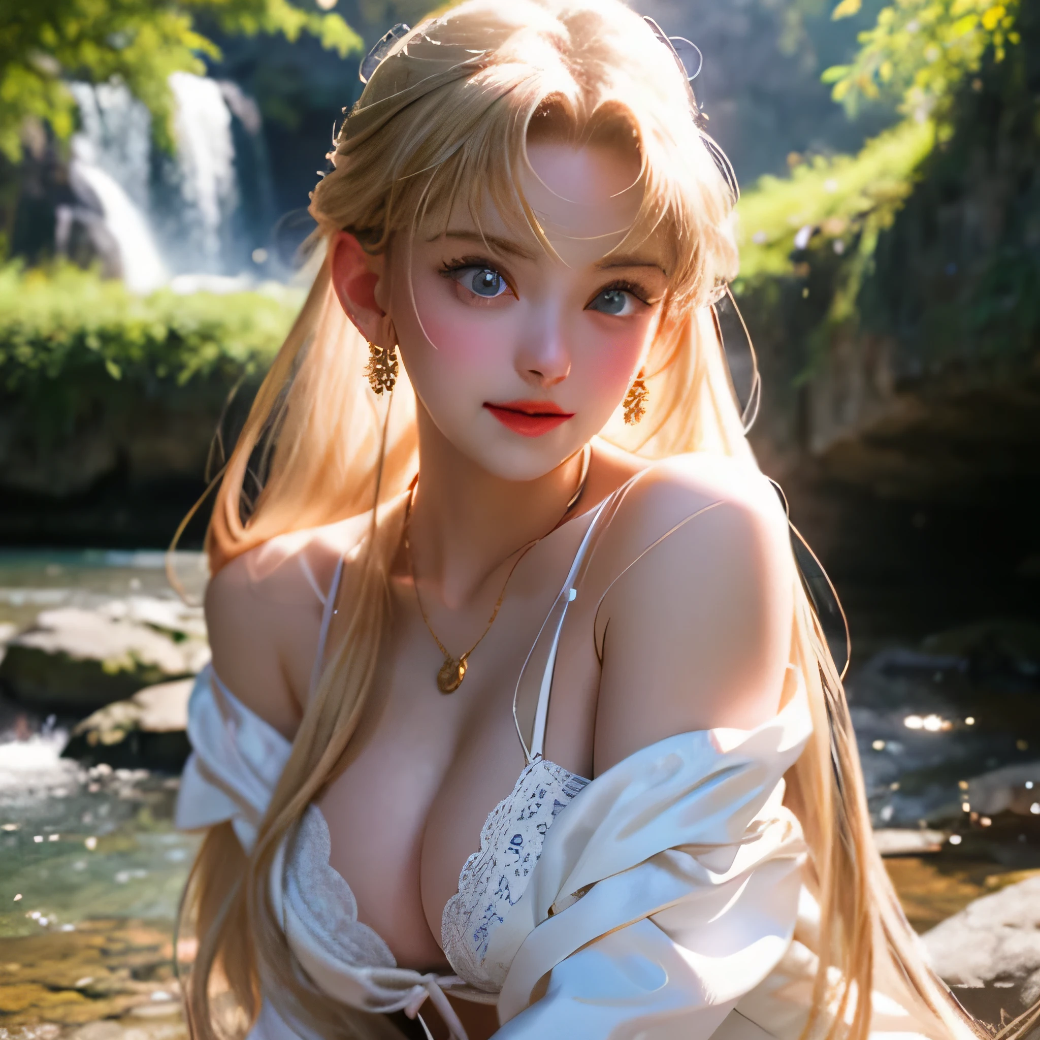 masterpiece, 最high quality, 超High resolution, (Realistic:1.4), Detailed beautiful face, Fine clothes, Amazing European Women,, So cute,, Soft skin and perfect face、Perfect Face, Gorgeous long ponytail brown hair, 8k resolution,Ultra-realistic,Super detailed,high quality, (Huge teardrop breasts, Huge cleavage:1.2), A broad perspective、8K,最high quality, Tabletop, Very detailed, 超A high resolution, Realistic, Raw photo, Absurd, Absolute Resolution, 1 girl, alone,Young beautiful Japanese woman, Super cute face, Luxurious appearance, Large Breasts , smile、 Double eyelids on both eyes, Natural Makeup, Long eyelashes, Shiny and smooth light brown long bob hair, Asymmetrical bangs, Glowing Skin, Center image, High resolution, High Detail, Detailed hairstyle, Detailed face, Great cinema lighting, Ultra-realistic, Perfect limbs, Perfect Anatomy、Very large O cup breasts、Shapely breasts 、silky Glowing Skin、sexy,Very beautiful lovely face、Cute gorgeous face、gorgeous blonde silky hair、pale blue eyes、Bangs swaying in front of the face、A beautiful and cute 18 year old girl、Big and ample breasts、she spreads her legs wide and flaunts、Very Large Breasts、Plump、super glamor、Are fat,Full body nude、Big ass、summer mountain stream、Clean creek,The waterfall is visible、Looking at me with a smile、looking at the camera