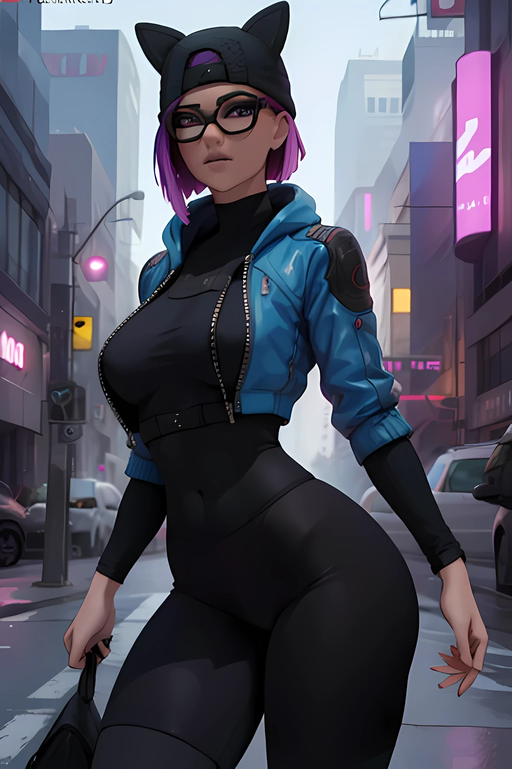 Traje de lino Cyberpunk, pulsera de picos,gorro de invierno , shorts negro con leggins Azul Marino, chaqueta azul marino ,Extremadamente detallado, rostro detallado, gafas ,hermoso rostro, ojos finos, mirando al espectador, pose femenino, Noche