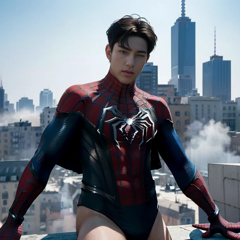 (1 boy:1.3), Solo, (((Very detailed face)))), ((Very detailed eyes and face)))), Beautiful detail eyes, Body parts__, Official art, Unified 8k wallpaper, Super detailed, handsome boy, masterpiece, best quality, original, masterpiece, super fine photo, best quality, super high resolution, realistic realism, sunlight, full body portrait, amazing , dynamic pose, delicate face, vibrant eyes, (from the front), ((wears sexy Spider-Man leotard)), red and black color scheme, spider, very detailed city roof background, rooftop, overlooking the city, detailed face, detailed complex busy background, messy, gorgeous, highly detailed skin, realistic skin details, visible pores, clear focus, volumetric fog, 8k uhd, DSLR, high quality, film grain, fair skin, photo realism, lomography, futuristic dystopian megalopolis, translucent, full length shot (fls). , ((sexy , thick thighs , NSFW , (only male) , (only boy), handsome Korean boy , exposed sexy body ,bare thighs))