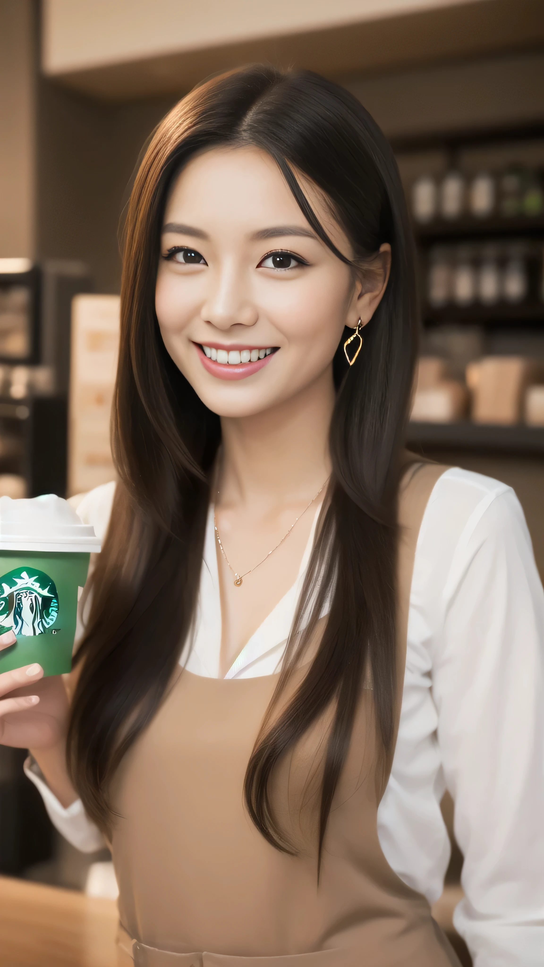 Hostess's face、Married women、Married Woman、Beauty、Starbucks Uniforms、high quality、Super Ultra Realistic、healthy、smile、Perfect figure、Japanese Beauty、 necklace、Earrings、Perfect eyes, beautiful skin、Upper Body、looking at the camera、Starbucks employee